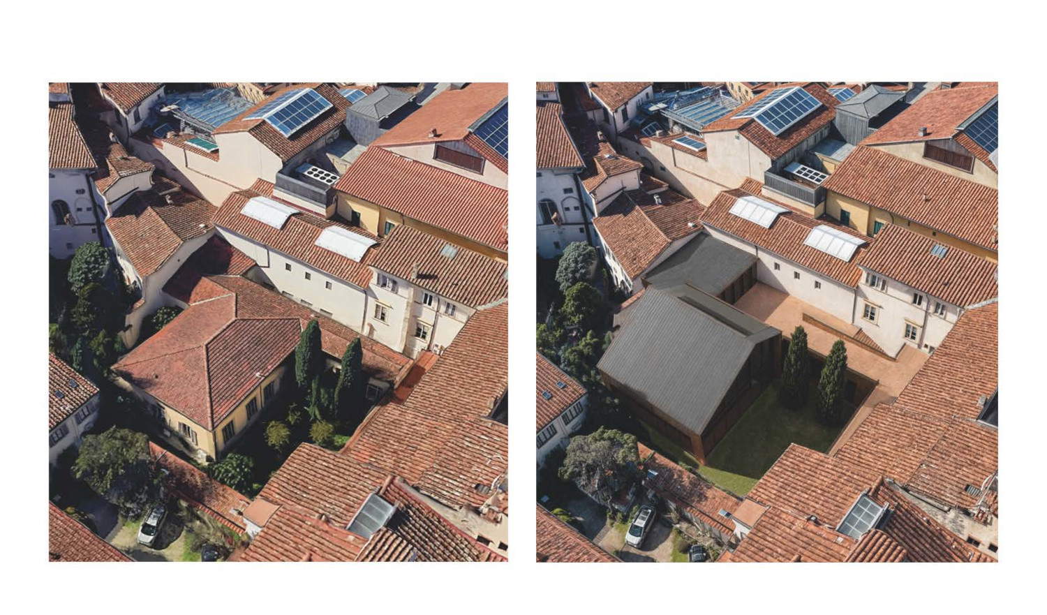 Vue de dessus du Museo dell'Opera del Duomo dans son état actuel et selon le nouveau projet. Courtesy Opera di Santa Maria del Fiore, projet Guicciardini &amp; Magni Architetti.