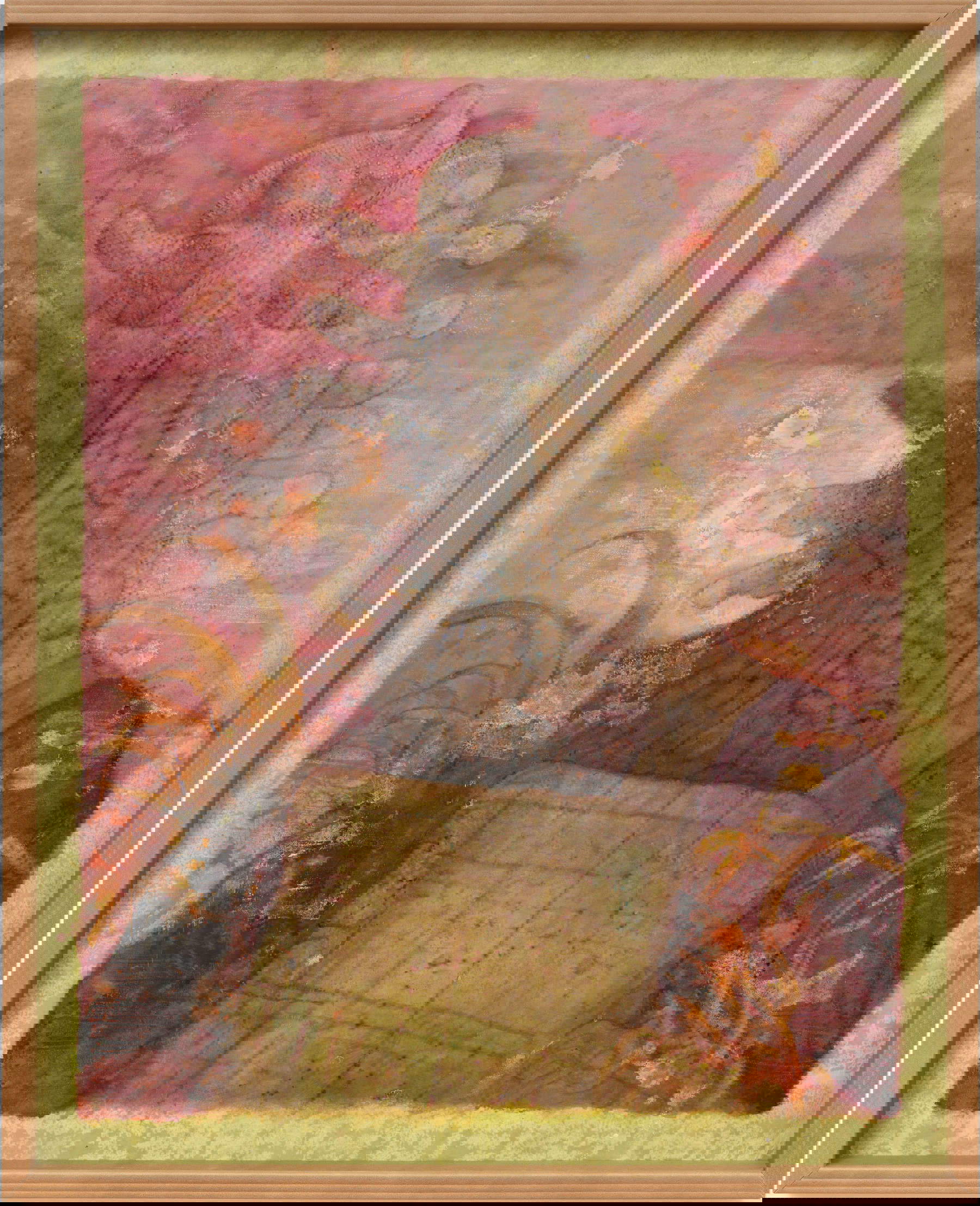 Oscar Giaconia, PARASITE SOUFFLÉ (2023; Acryl, Oxide, Grünspan, Kaseinemulsion, flüssiges Koagulationsmittel, Quecksilberchrom, Anilin, Kunststoffemulsion, Haftvermittler auf geöltem Papier in plastifizierter Lederkassette, 147 x 118 cm). Foto: Giorgio Benni. Mit Genehmigung von OG STUDIO und Monitor Oscar Giaconia, PARASITE SOUFFLÉ (2023; Acryl, Oxide, Grünspan, Kaseinemulsion, flüssiges Koagulationsmittel, Quecksilberchrom, Anilin, Kunststoffemulsion, Haftvermittler auf geöltem Papier in plastifizierter Lederkassette, 147 x 118 cm). Foto: Giorgio Benni. Mit Genehmigung von OG STUDIO und Monitor