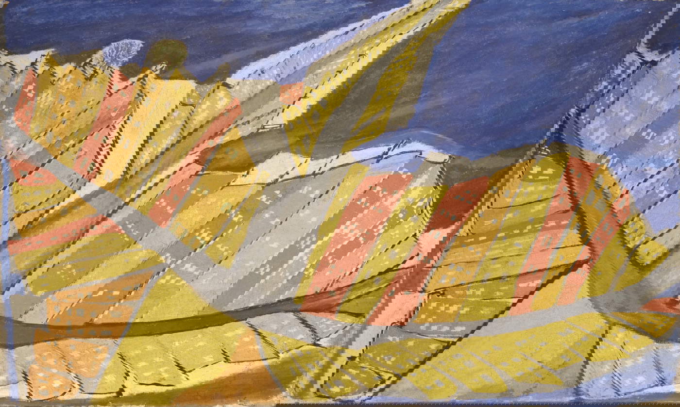 Osvaldo Licini, Paesaggio arabesco (1914; olio su tela, 80 x 120 cm; San Lazzaro di Savena, Fondazione Massimo e Sonia Cirulli)