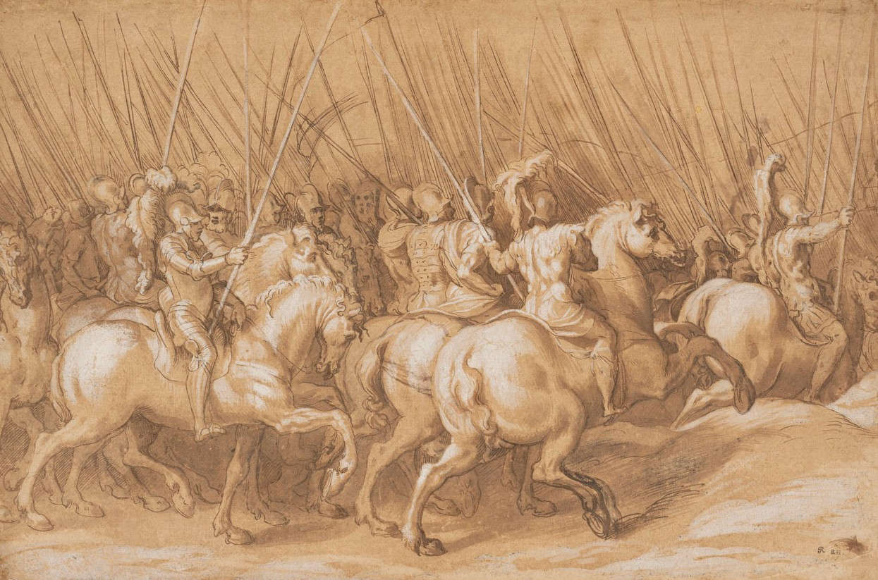 Paolo Farinati, Soldats à cheval (stylo et craie blanche, 288 x 431 mm) Paolo Farinati, Soldats à cheval (stylo et craie blanche, 288 x 431 mm)