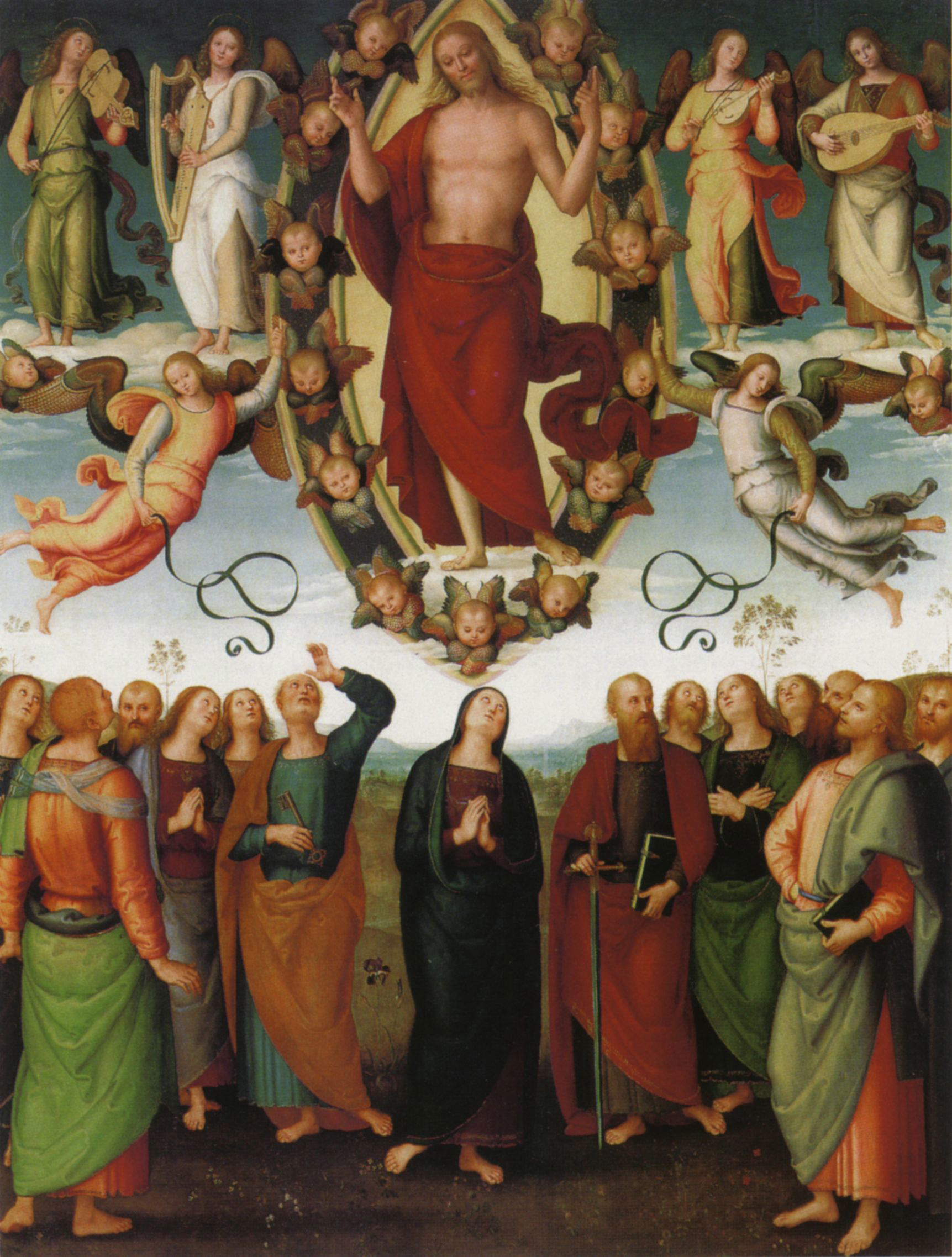 Pietro Perugino, Ascension du Christ (vers 1510 ; huile sur panneau, 332 x 266 cm ; Sansepolcro, cathédrale) Pietro Perugino, Ascension du Christ (vers 1510 ; huile sur panneau, 332 x 266 cm ; Sansepolcro, cathédrale)