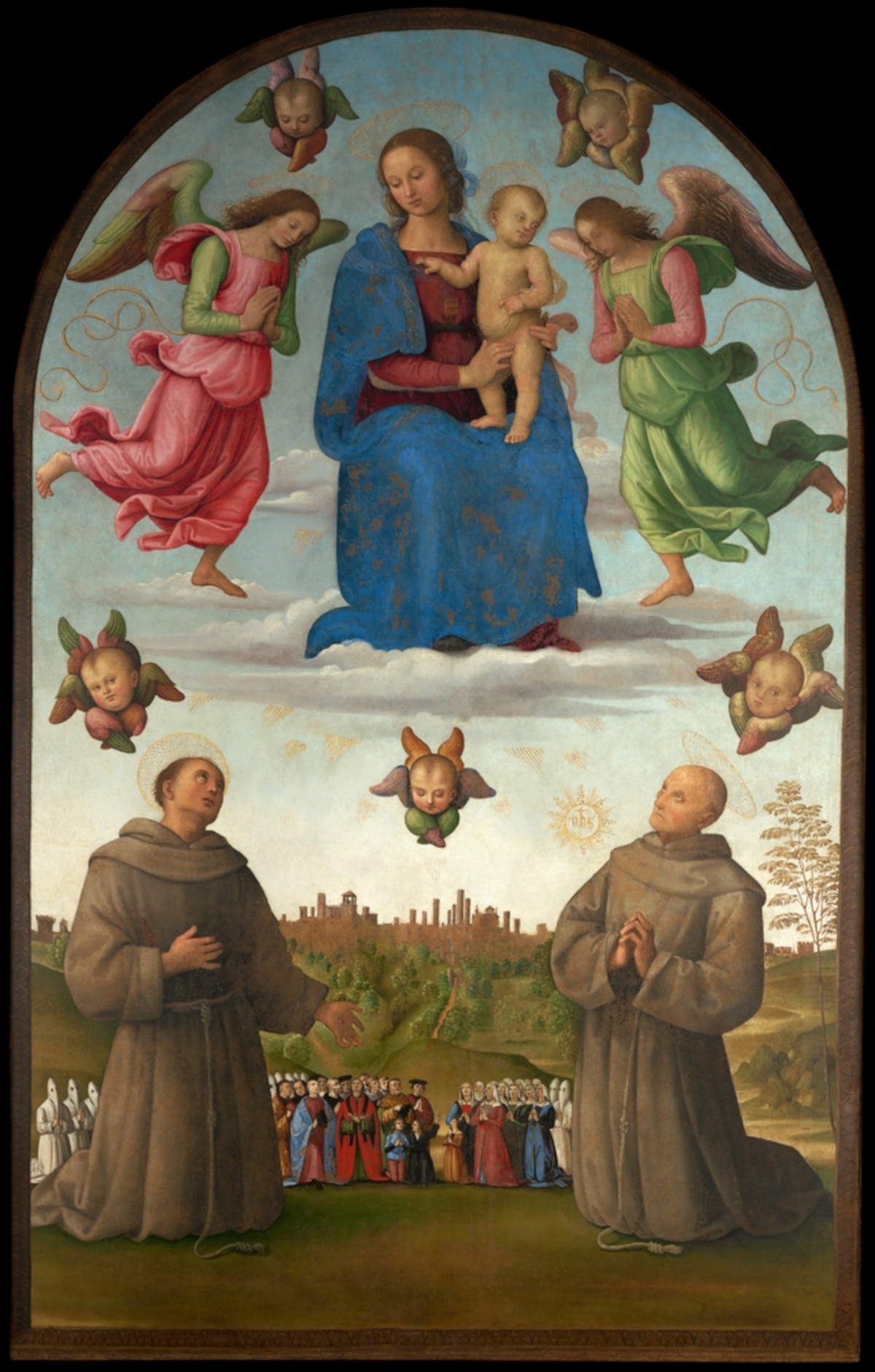 Perugino, Gonfalone della Giustizia (Madonna col Bambino e angeli con i santi Francesco, Bernardino da Siena e i confratelli della Giustizia in adorazione (1496; olio su tela; Perugia, Galleria Nazionale dell'Umbria)