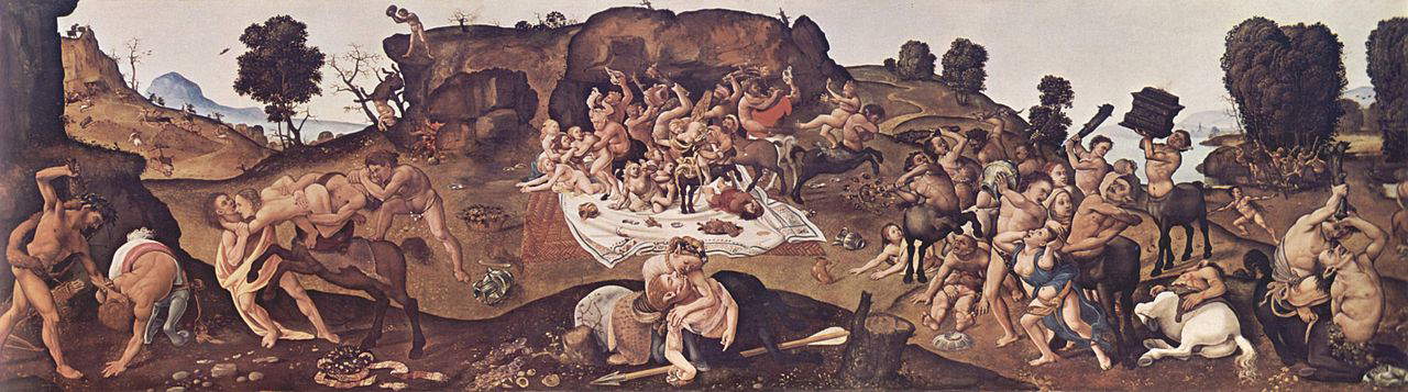 Piero di Cosimo, Lutte entre les Centaures et les Lapithes (vers 1500-1515 ; huile sur panneau, 71 x 260 cm ; Londres, National Gallery)