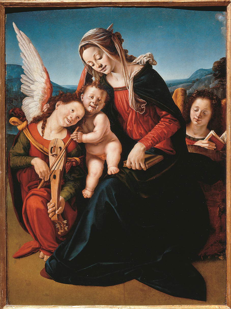 Piero di Cosimo, Vierge à l'enfant avec deux anges (vers 1505-1507 ; panneau, 116 x 85 cm ; Venise, Fondation Giorgio Cini, Galleria di Palazzo Cini)