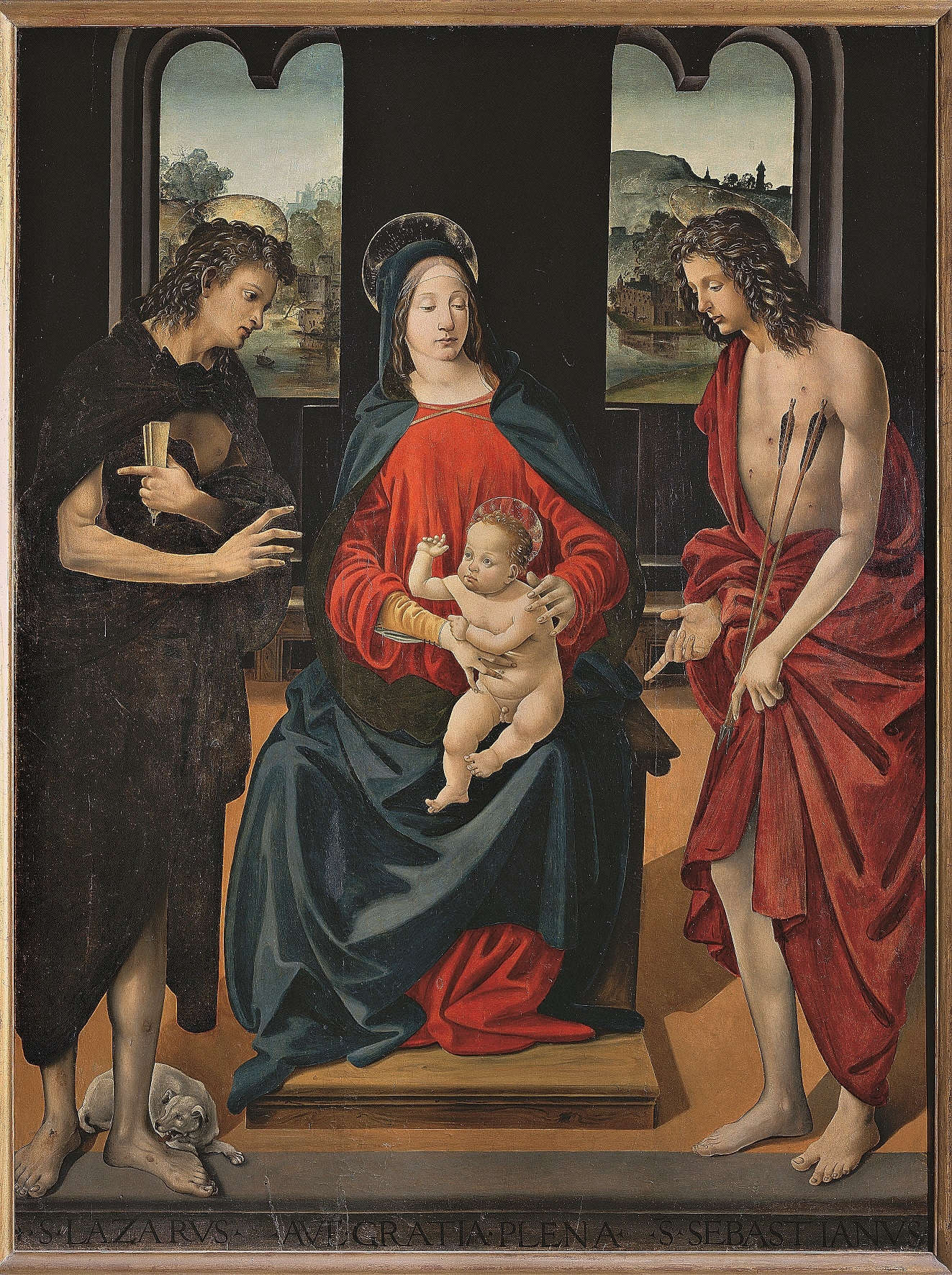 Piero di Cosimo, Vierge à l'enfant trônant avec les saints Lazare et Sébastien (vers 1481-1484 ; panneau, 166 x 125 cm ; Montevettolini, église des saints Michel Archange et Lorenzo Martire)