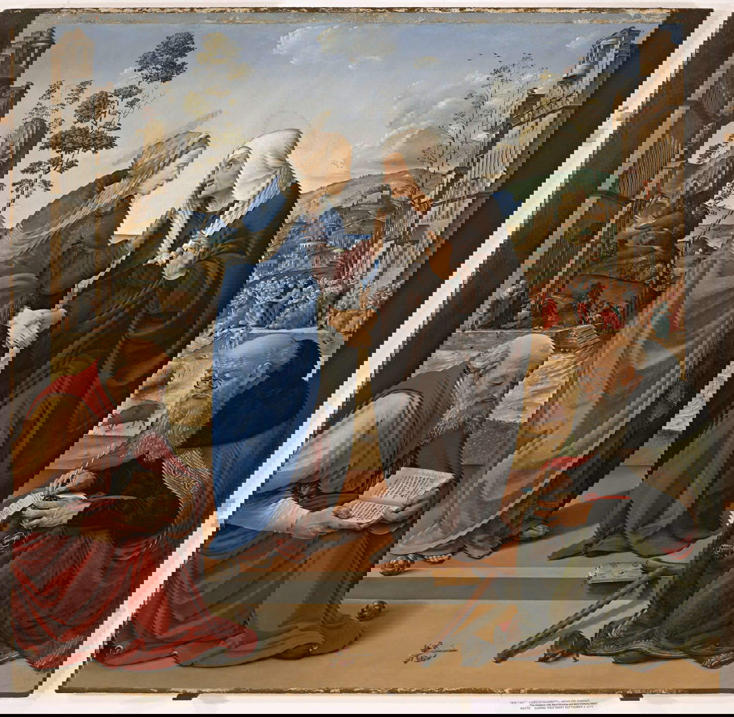 Piero di Cosimo, La Visitation avec les saints Nicolas de Bari et Antoine Abbé (vers 1489-1490 ; panneau ; Washington, D.C., National Gallery of Art, Samuel H. Kress Collection)