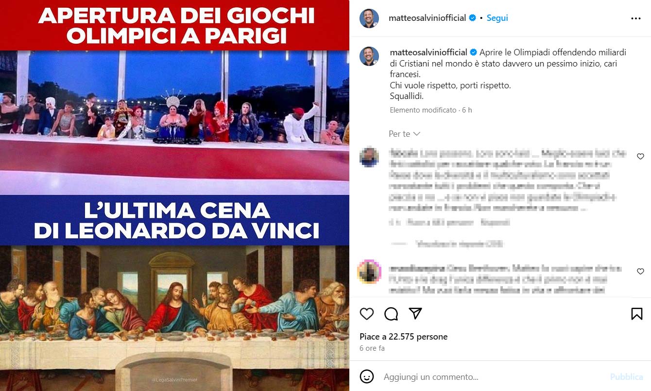 Salvini criticizes Paris 2024 Opening Ceremony, but posts wrong Last Supper