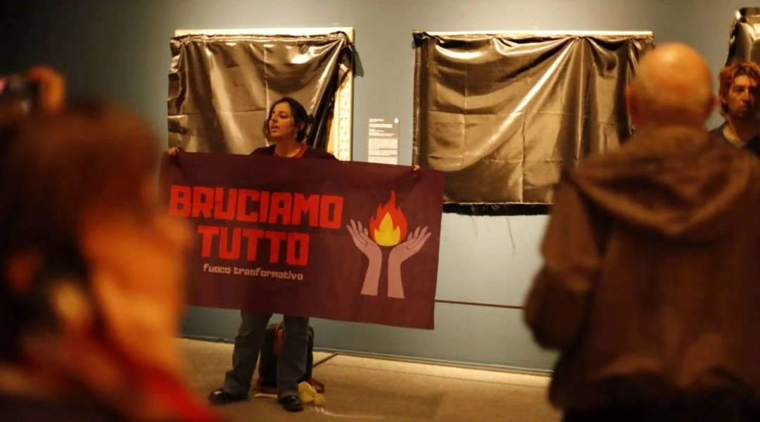 Protest at Artemisia Gentileschi exhibition: paint on the ground and blacked-out paintings