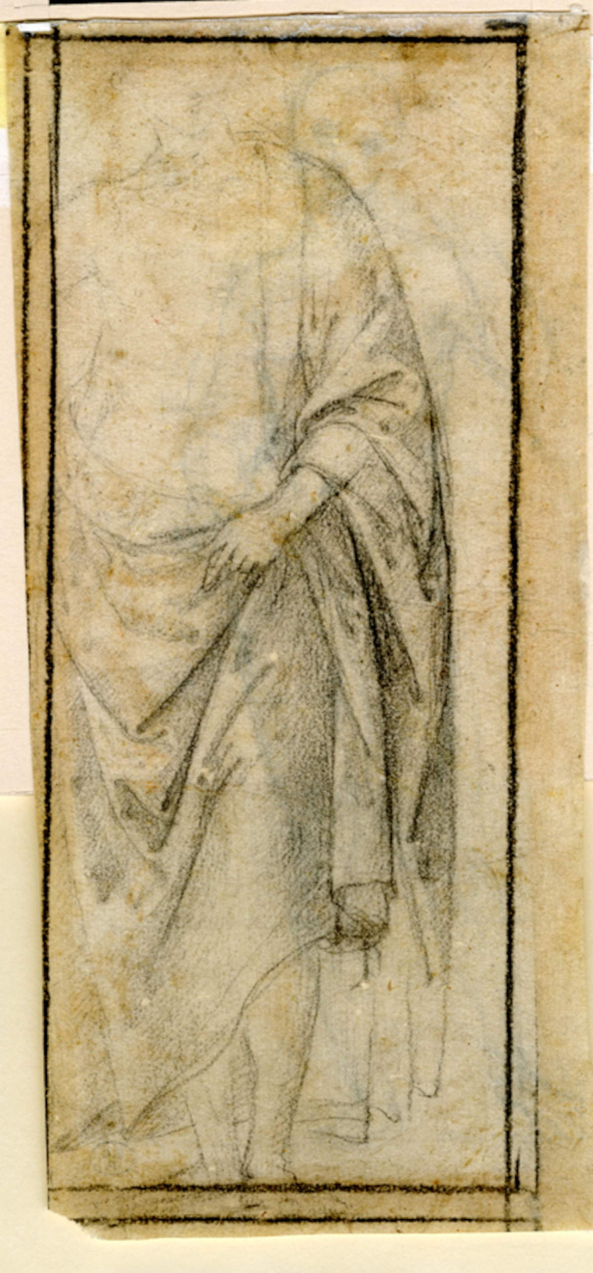 Raffaello, Studio per il Cristo risorto (recto) (pietra nera e sfumino su carta, 216 x 90 mm; Pesaro, Biblioteca Oliveriana)