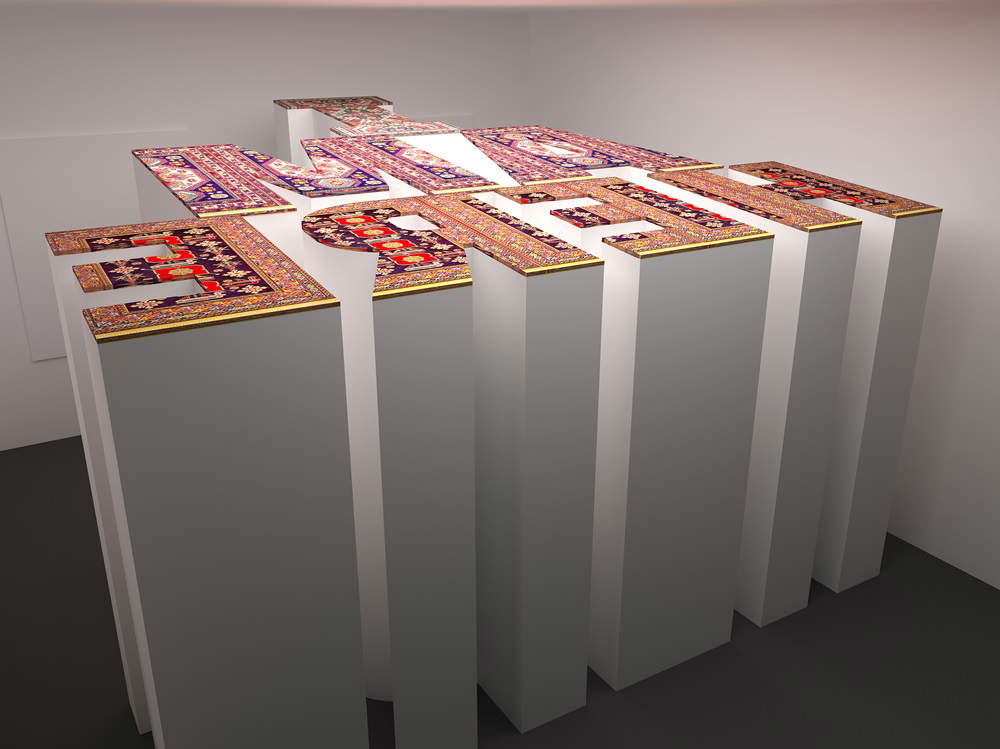 Rashad Alakbarov, I Am Here (2024; tecnica mista - pareti bianche, tappeti, specchio, 370 x 270 x 270 cm). Su concessione di Rashad Alakbarov