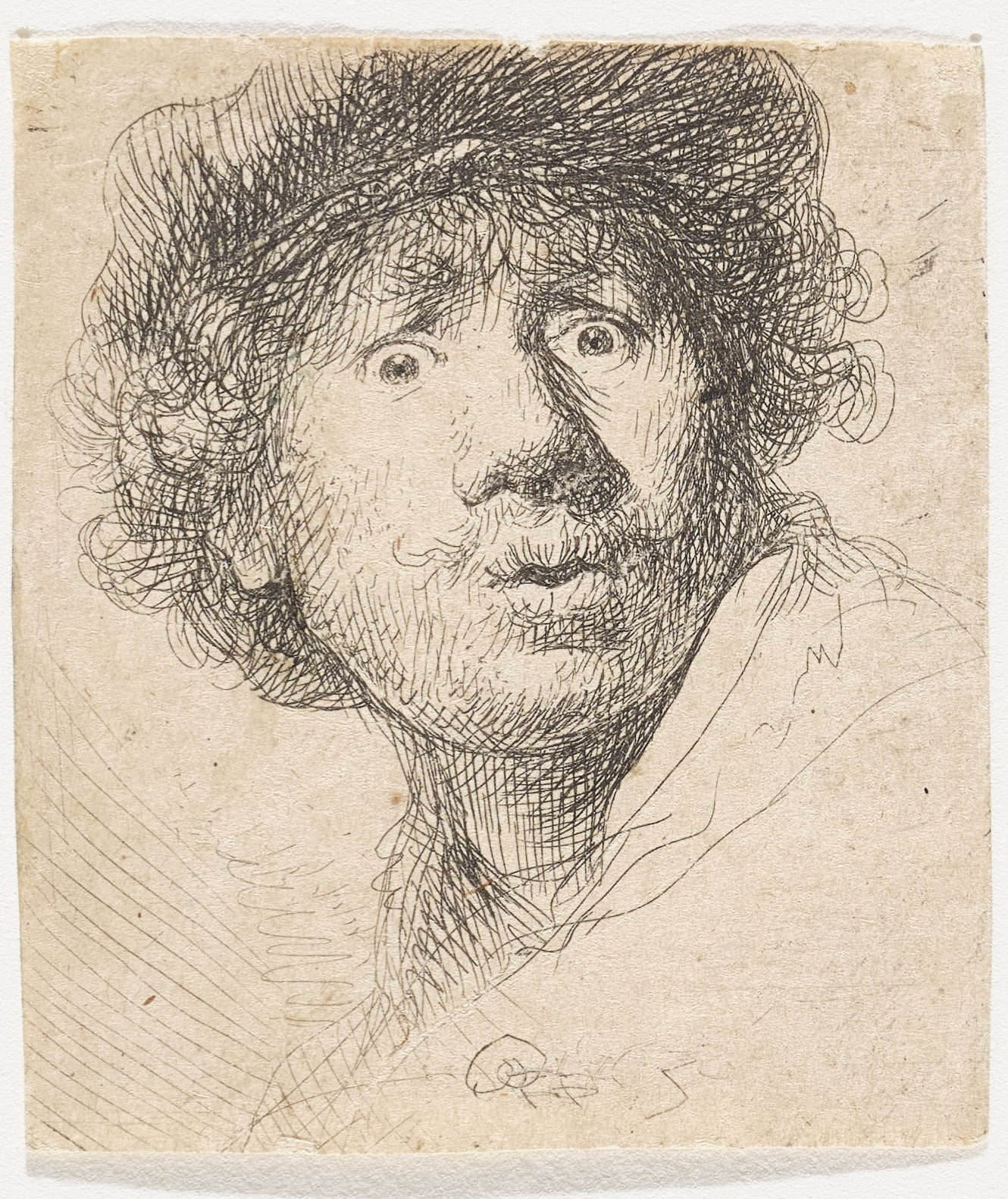 Rembrandt Harmenszoon van Rijn, Selbstbildnis mit Mütze und weit aufgerissenen Augen (1630; Radierung und Kaltnadel; Florenz, Uffizien, Kabinett der Zeichnungen und Drucke) Rembrandt Harmenszoon van Rijn, Selbstbildnis mit Mütze und weit aufgerissenen Augen (1630; Radierung und Kaltnadel; Florenz, Uffizien, Kabinett der Zeichnungen und Drucke)
