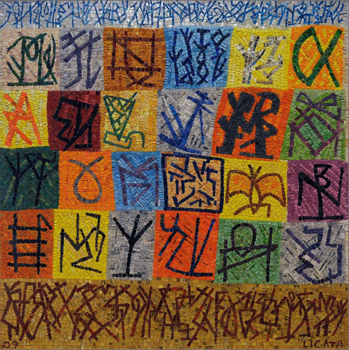 Riccardo Licata, mosaïque réalisée par Marco Santi, Sans titre (2009 ; mosaïque, 100 × 100 cm ; Associazione Amici del Mosaico Artistico Tornareccio) Riccardo Licata, mosaïque réalisée par Marco Santi, Sans titre (2009 ; mosaïque, 100 × 100 cm ; Associazione Amici del Mosaico Artistico Tornareccio)