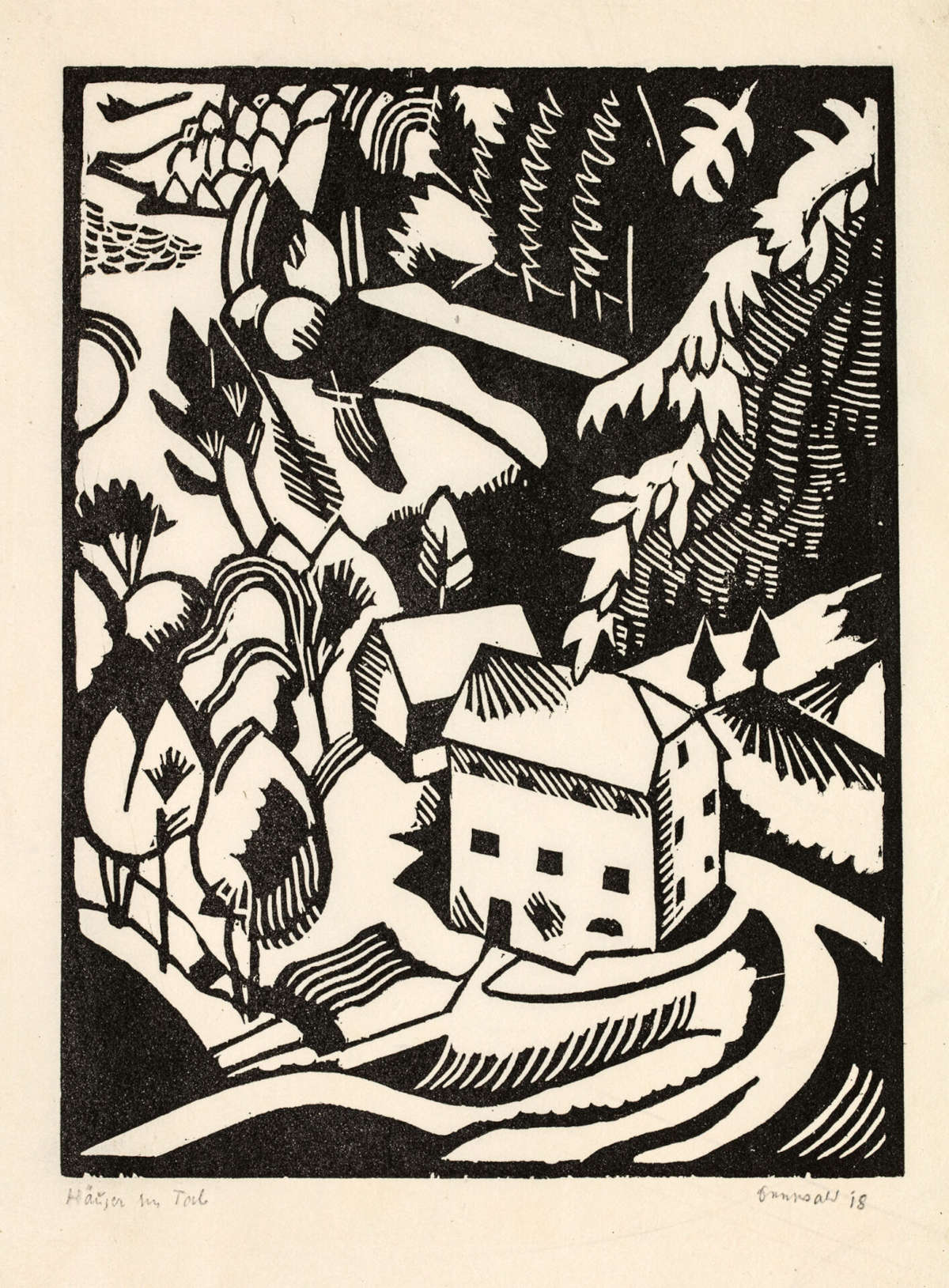 Richard Seewald, Casas en el valle (1918; xilografía sobre papel japonés, 21 × 16 cm; Colección Werner Coninx, préstamo permanente del Museo Comunale d'Arte Moderna Ascona) © Fundación Richard y Uli Seewald, Ascona Richard Seewald, Casas en el valle (1918; xilografía sobre papel japonés, 21 × 16 cm; Colección Werner Coninx, préstamo permanente del Museo Comunale d'Arte Moderna Ascona) © Fundación Richard y Uli Seewald, Ascona