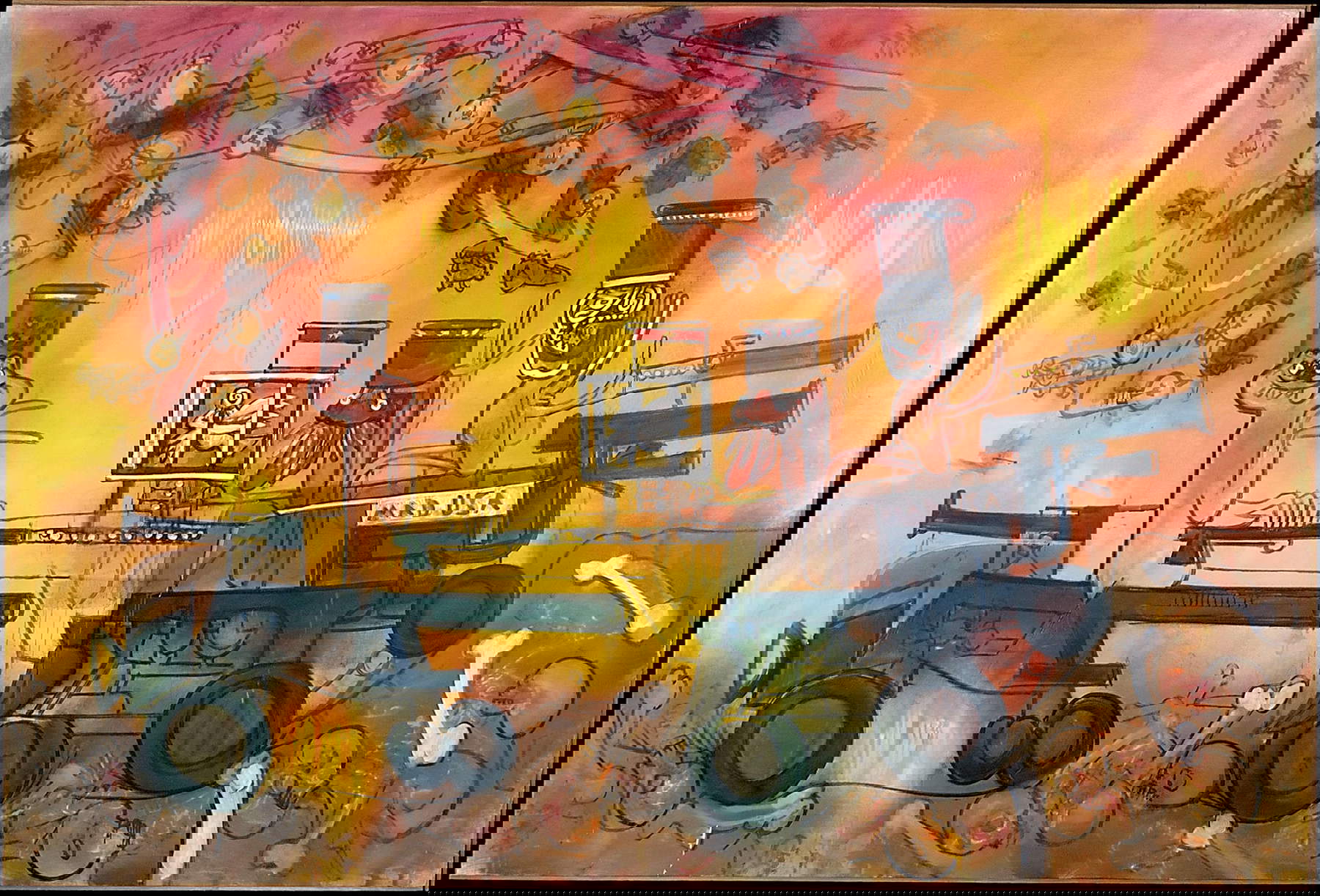 Roberto Matta, Les Juges partent en guerre (1967; olio su tela, 200 × 300 cm; Collezione Alisée Matta) © Roberto Matta, by SIAE 2024 Roberto Matta, Les Juges partent en guerre (1967; olio su tela, 200 × 300 cm; Collezione Alisée Matta) © Roberto Matta, by SIAE 2024