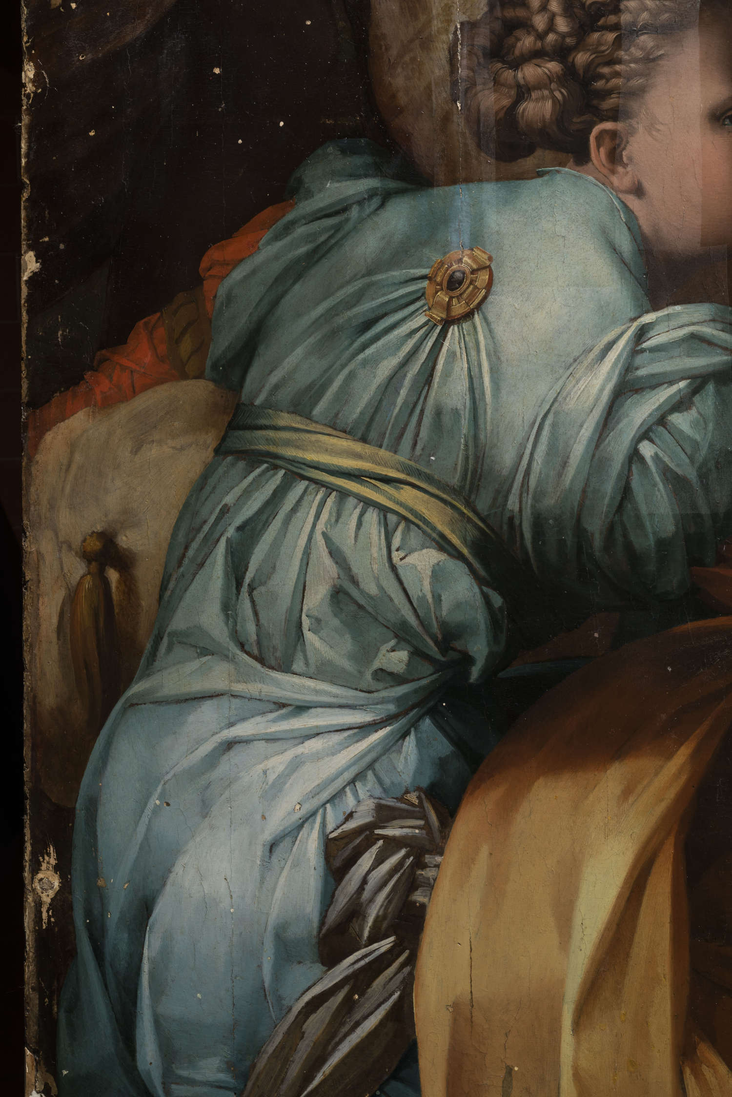 Rosso Fiorentino, Déposition du Christ de la croix, San Sepolcro, église de San Lorenzo. Image en lumière diffuse d'un détail de la peinture pendant l'opération de nettoyage.