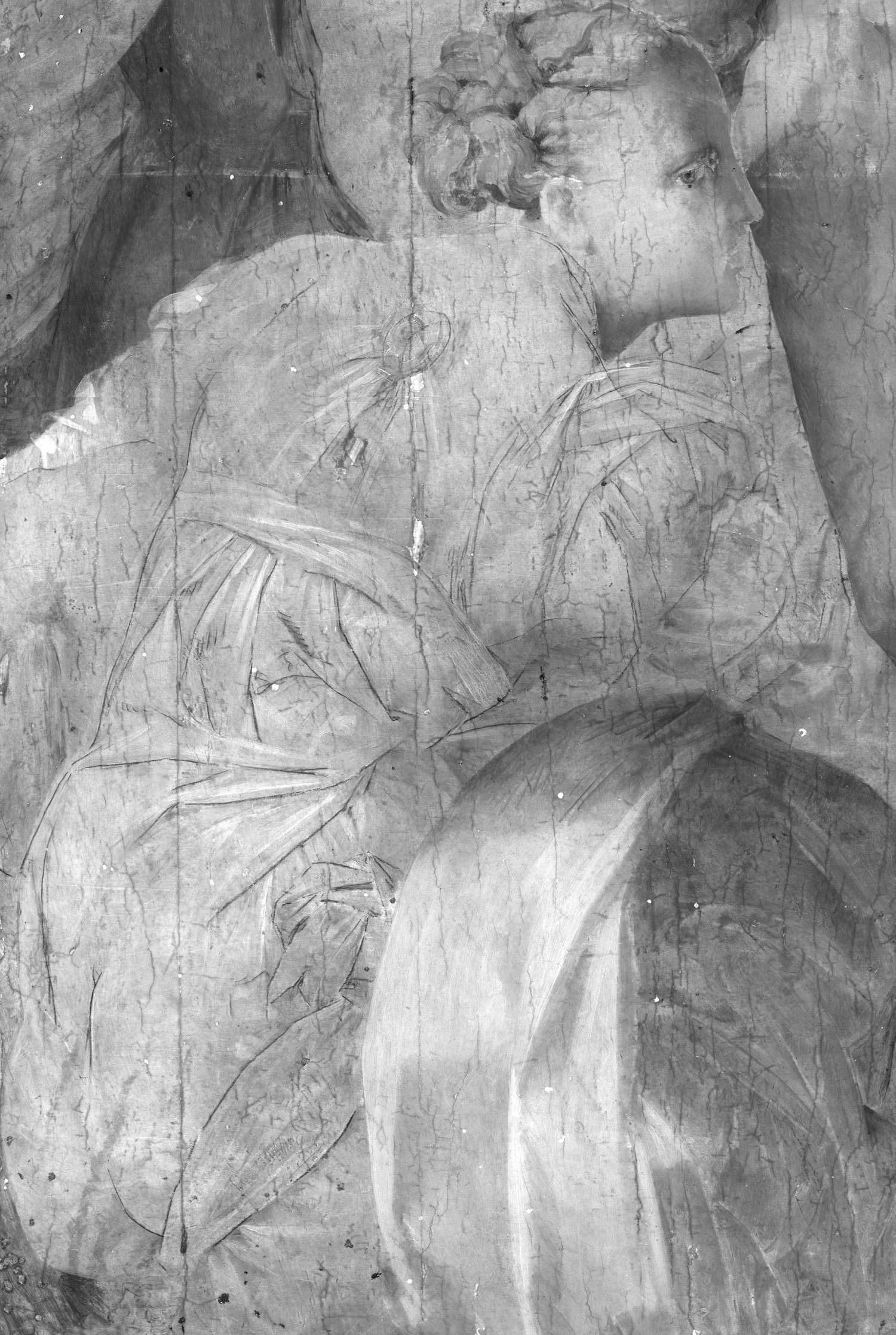 Rosso Fiorentino, Déposition du Christ de la croix, San Sepolcro, église de San Lorenzo. Image réflectographique IR (1600 nm) d'un détail de la peinture.