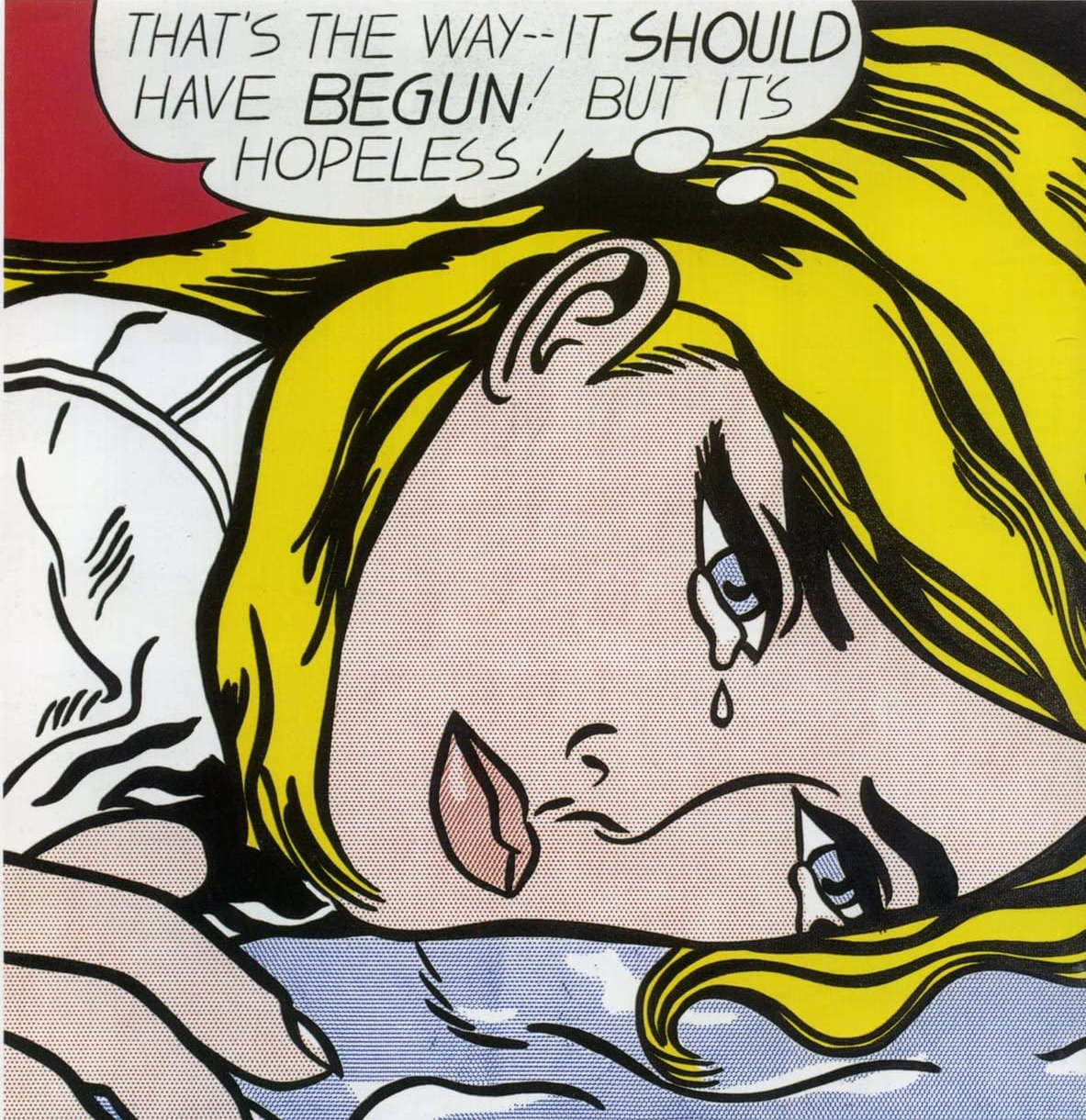 Roy Lichtenstein, Hopeless (1963 ; huile et acrylique sur toile, 111,8 x 111,8 cm ; Bâle, Kunstmuseum Basel) Roy Lichtenstein, Hopeless (1963 ; huile et acrylique sur toile, 111,8 x 111,8 cm ; Bâle, Kunstmuseum Basel)