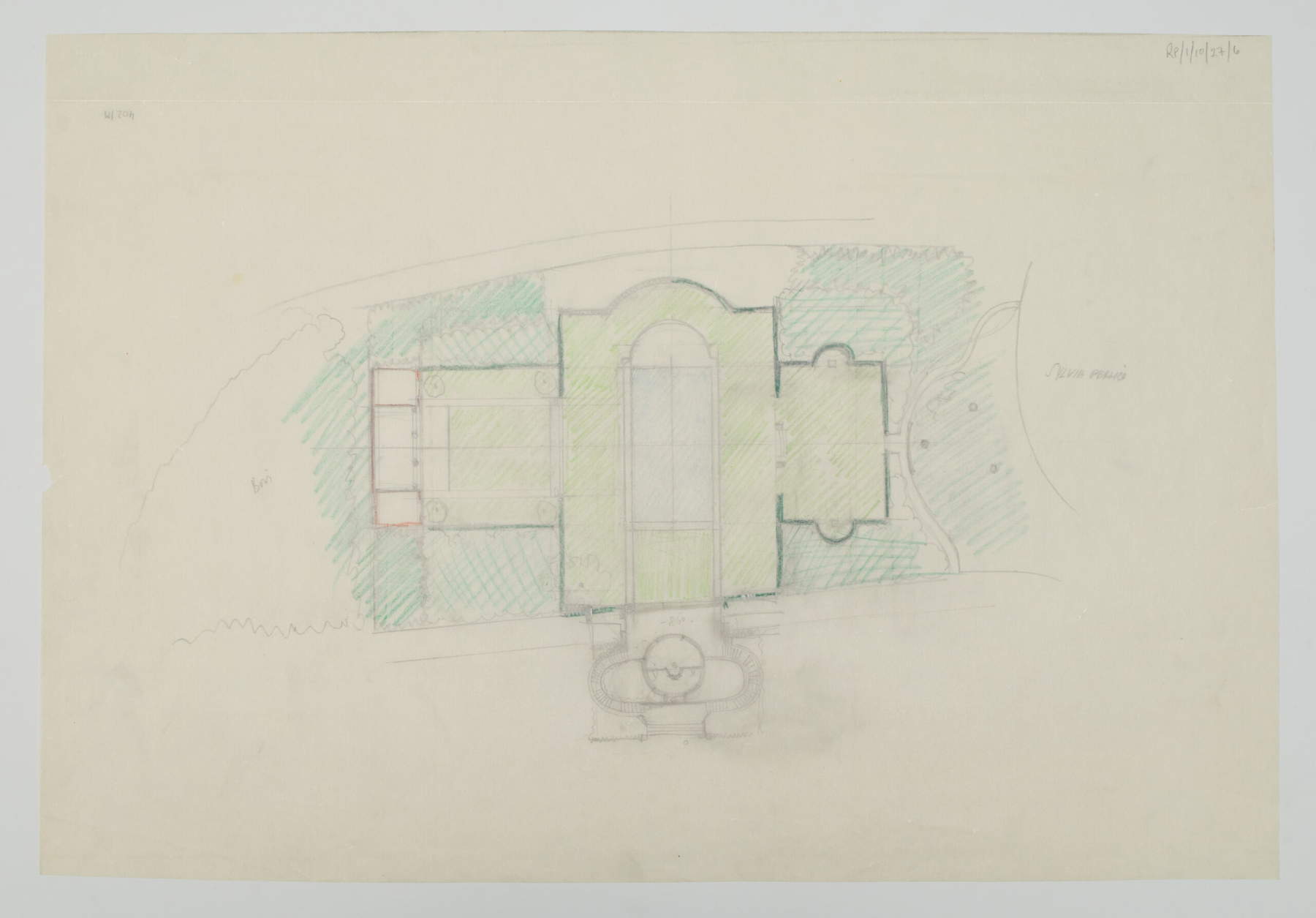 Russell Page, Design for the Garden of Villa Silvio Pellico (c. 1957; pencil and colored pencil on paper, 445 x 650 mm; London, RHS Lindley Library) Russell Page, Design for the Garden of Villa Silvio Pellico (c. 1957; pencil and colored pencil on paper, 445 x 650 mm; London, RHS Lindley Library)