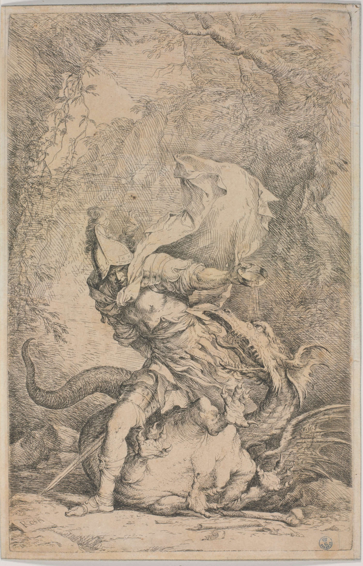Salvator Rosa, Jason schläft den Drachen (1663-1664; Radierung und Kaltnadel; Florenz, Uffizien, Kupferstichkabinett) Salvator Rosa, Jason schläft den Drachen (1663-1664; Radierung und Kaltnadel; Florenz, Uffizien, Kupferstichkabinett)