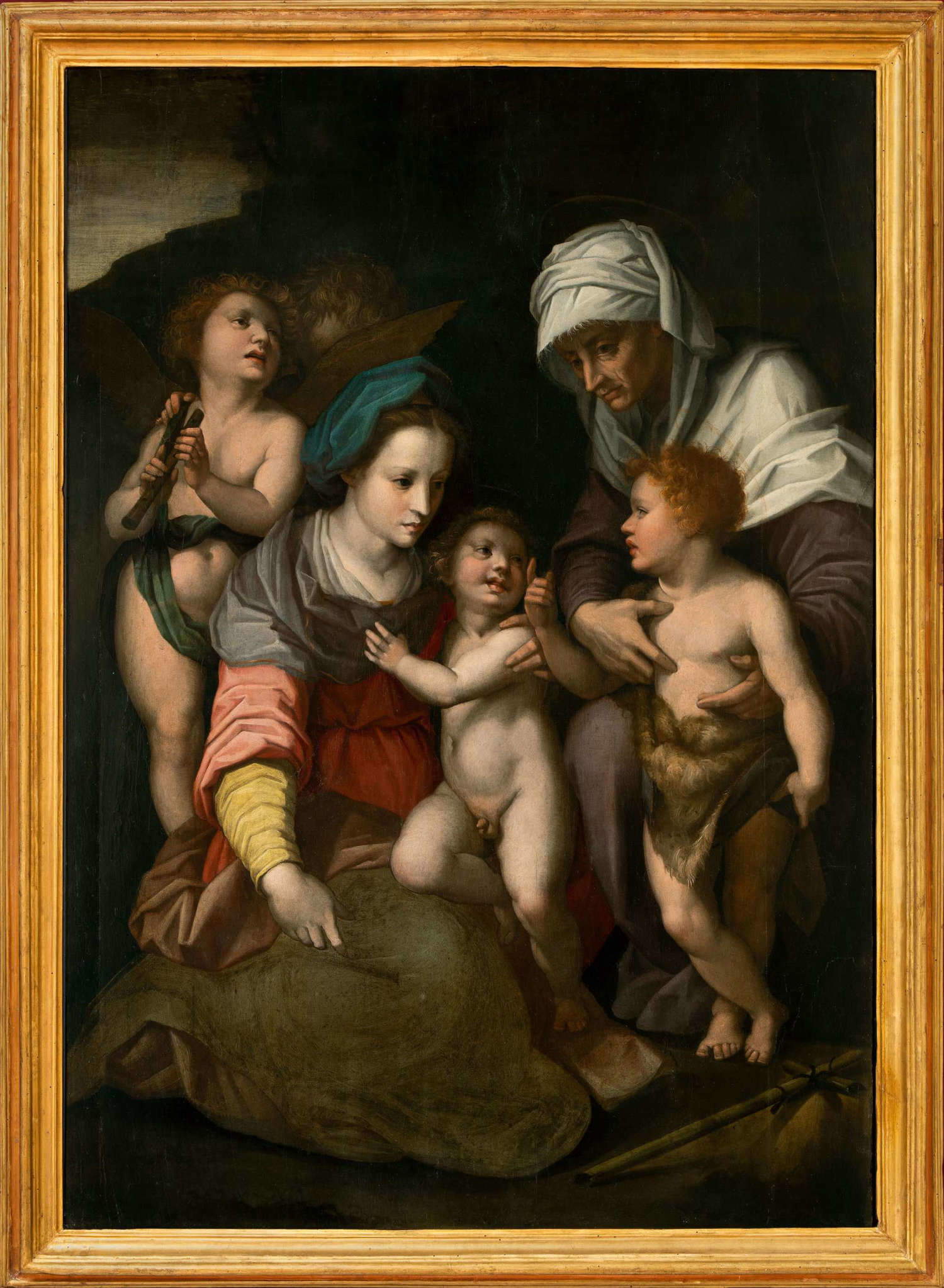 École florentine (par Andrea del Sarto), Vierge à l'enfant, sainte Élisabeth, saint Jean et les anges (après 1520 ; tempera sur panneau, 171x128 cm ; Prato, Museo di Palazzo Pretorio, inv. 1222)