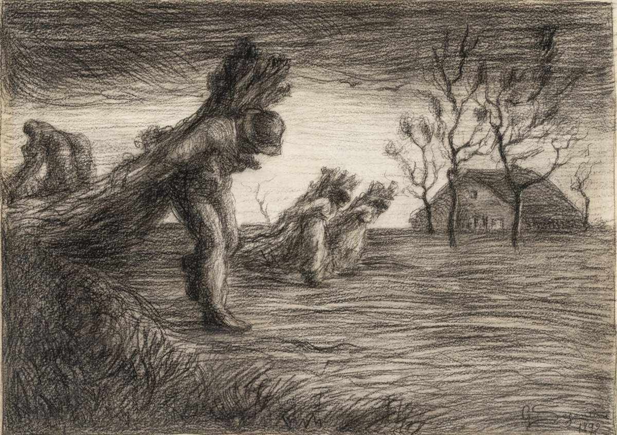 Giovanni Segantini, El último esfuerzo del día (1892; crayón conté gris y negro sobre papel, 407 x 287 mm)
