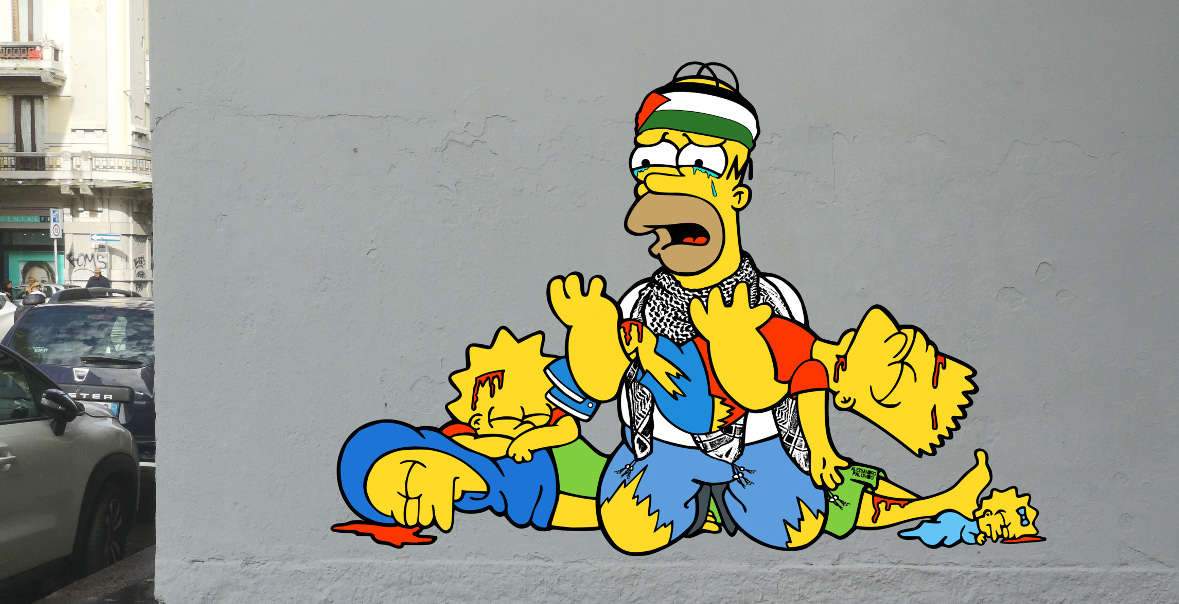 Milán, aparece un mural con los Simpson convertidos en palestinos destrozados por las bombas en Gaza