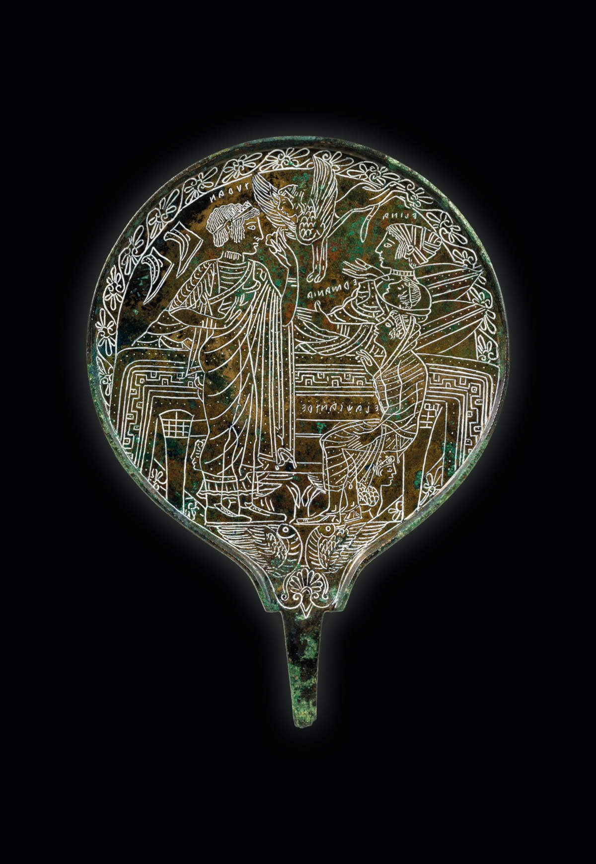 Specchio con Turan, Elina, Ermania, Elachsantre (475-450 a.C.; bronzo, fusione a cera persa, con incisione) © Courtesy Museo Nazionale Etrusco di Villa Giulia