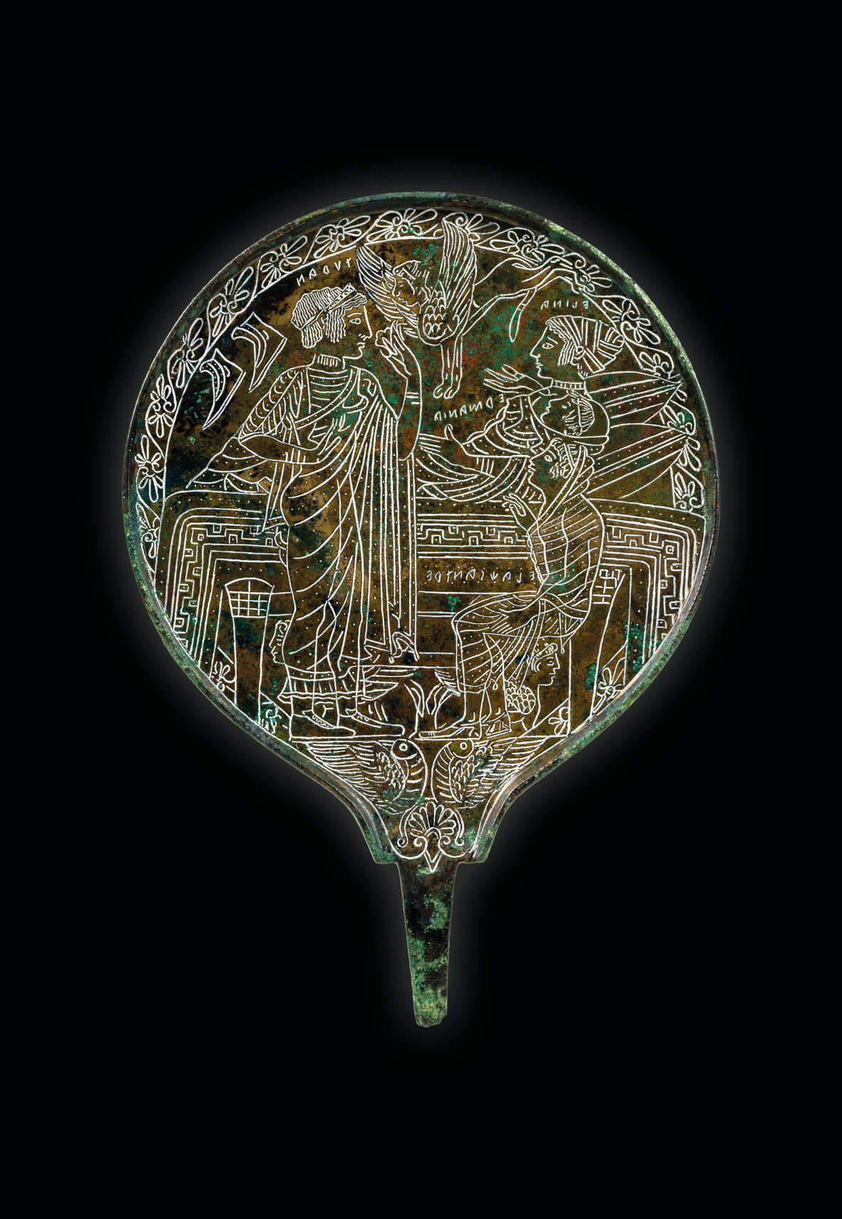 Bronze mirror with Turan (Aphrodite), Elina (Helen), Ermania (Hermione) and Elachsantre (Paris Alexander) 475-450 BC. From Palestrina, Columbella necropolis.  ©National Etruscan Museum of Villa Giulia.  Mauro Benedetti Photographic Archive Bronze mirror with Turan (Aphrodite), Elina (Helen), Ermania (Hermione) and Elachsantre (Paris Alexander) 475-450 BC. From Palestrina, Columbella necropolis.  ©National Etruscan Museum of Villa Giulia.  Mauro Benedetti Photographic Archive