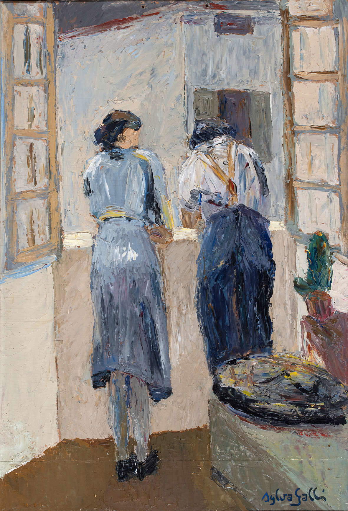 Sylva Galli, Padres en la ventana (óleo sobre tabla, 73,5 x 50,3 cm; Eredi Sylva Galli) Sylva Galli, Padres en la ventana (óleo sobre tabla, 73,5 x 50,3 cm; Eredi Sylva Galli)