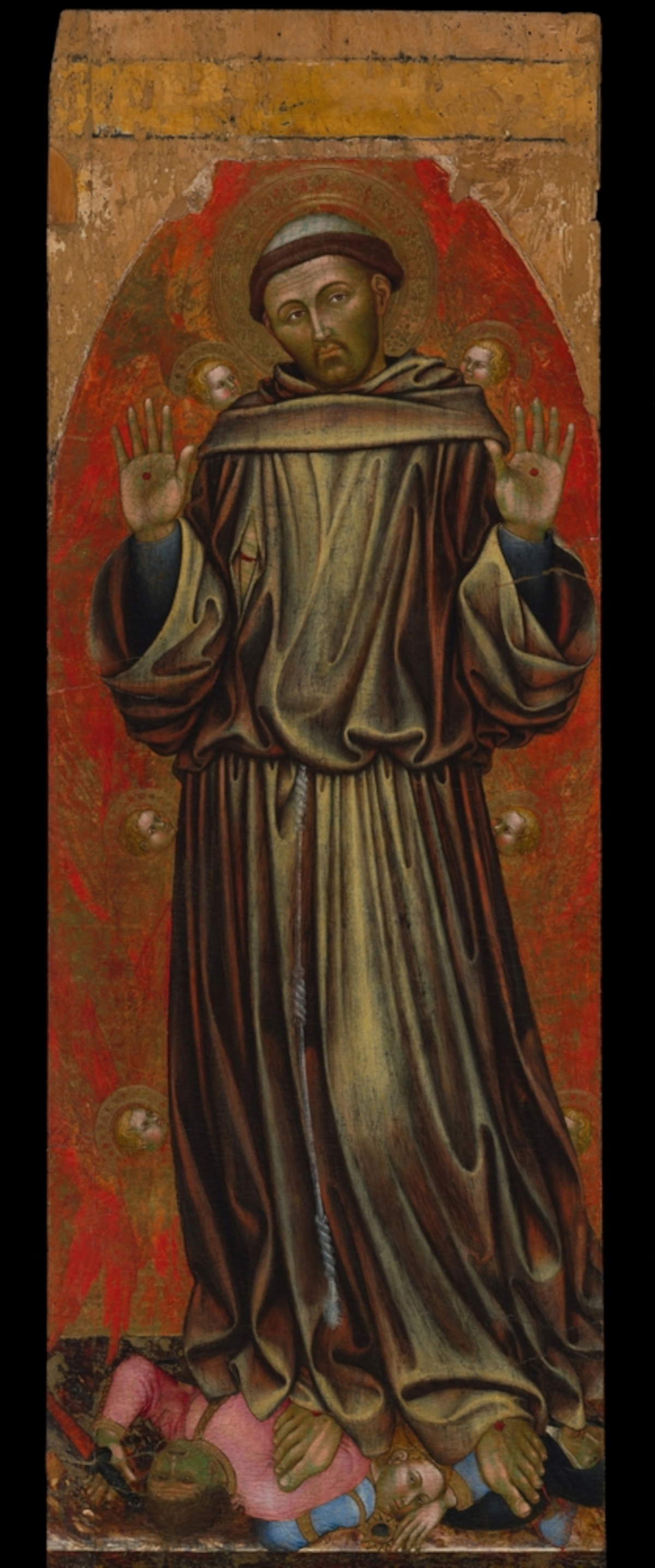 Taddeo di Bartolo, San Francesco d'Assisi in gloria schiaccia l'Orgoglio, la Lussuria e l'Avarizia (elemento centrale del verso del Polittico di San Francesco al Prato) (1403; tempera su tavola; Perugia, Galleria Nazionale dell'Umbria)
