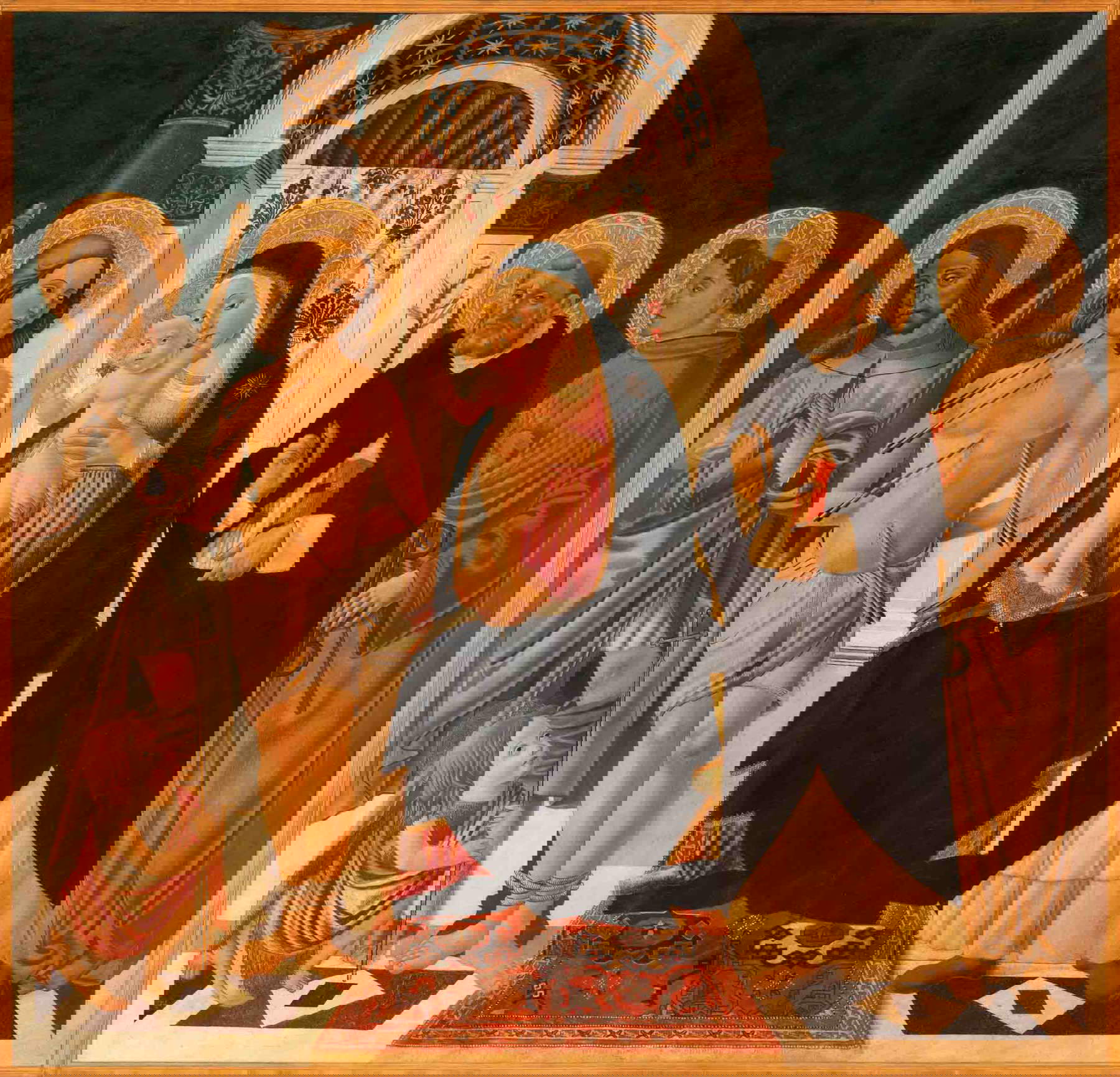 Tommaso di Piero Trombetto (Prato 1464-post 1529), Vierge à l'enfant entre les saints Rocco, Jean, Sébastien, Dominique et Léonard (vers 1500 ; tempera sur panneau, 177x184 cm ; Prato, Museo di Palazzo Pretorio, inv. 1850)