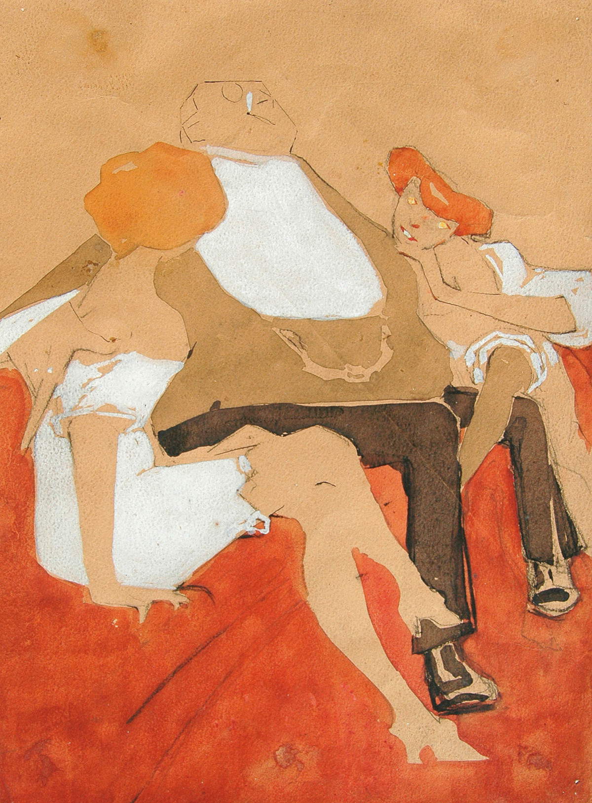 Ugo Valeri, Sur le canapé (tempera sur carton jaune, 25 x 18 cm ; BCC Veneta Collection)