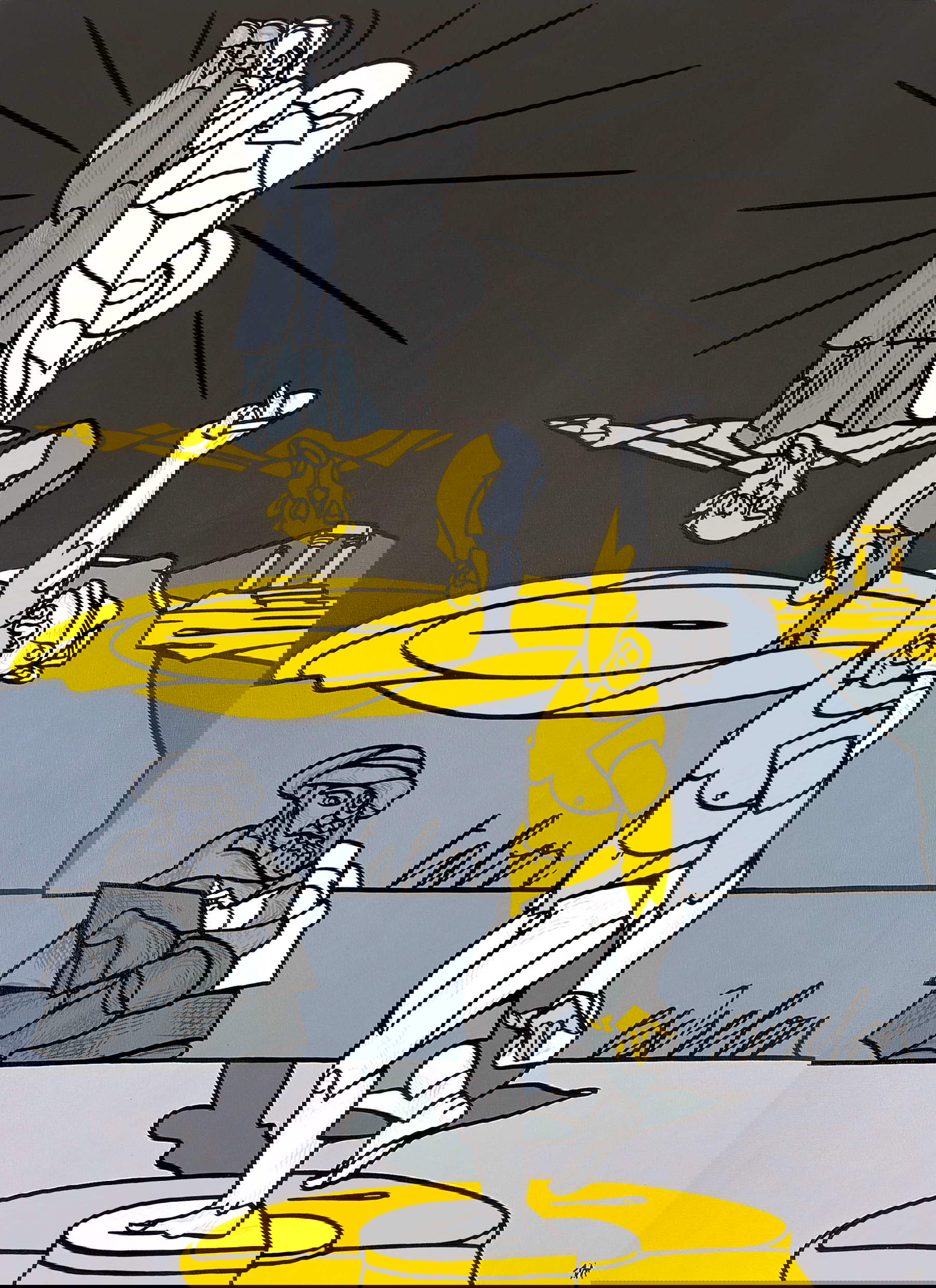 Valerio Adami, D'après la transfiguration de Raphaël (2007 ; 198x147 cm ; collection Adami). En concession de l'Archivio Valerio Adami. Valerio Adami, D'après la transfiguration de Raphaël (2007 ; 198x147 cm ; collection Adami). En concession de l'Archivio Valerio Adami.