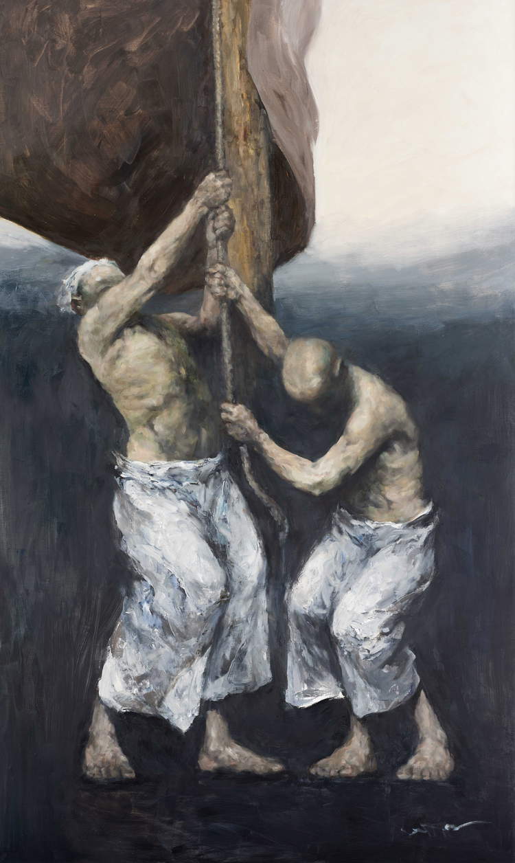 Cen Long, Los días del viento (2019; óleo sobre lienzo, 200 x 120 cm)