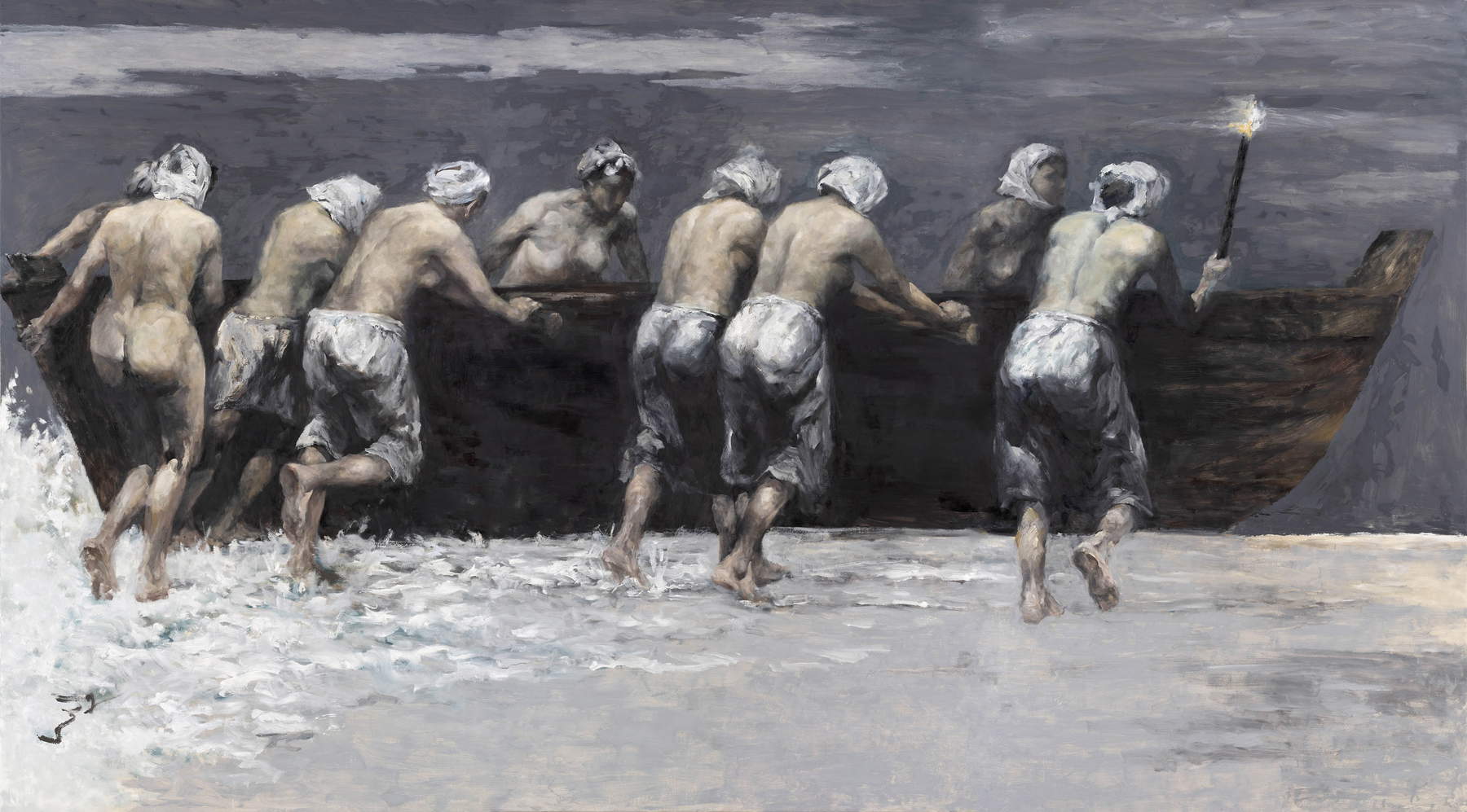 Cen Long, Il rito delle pescatrici di perle (2019; olio su tela, 200 x 360 cm) Cen Long, Il rito delle pescatrici di perle (2019; olio su tela, 200 x 360 cm)
