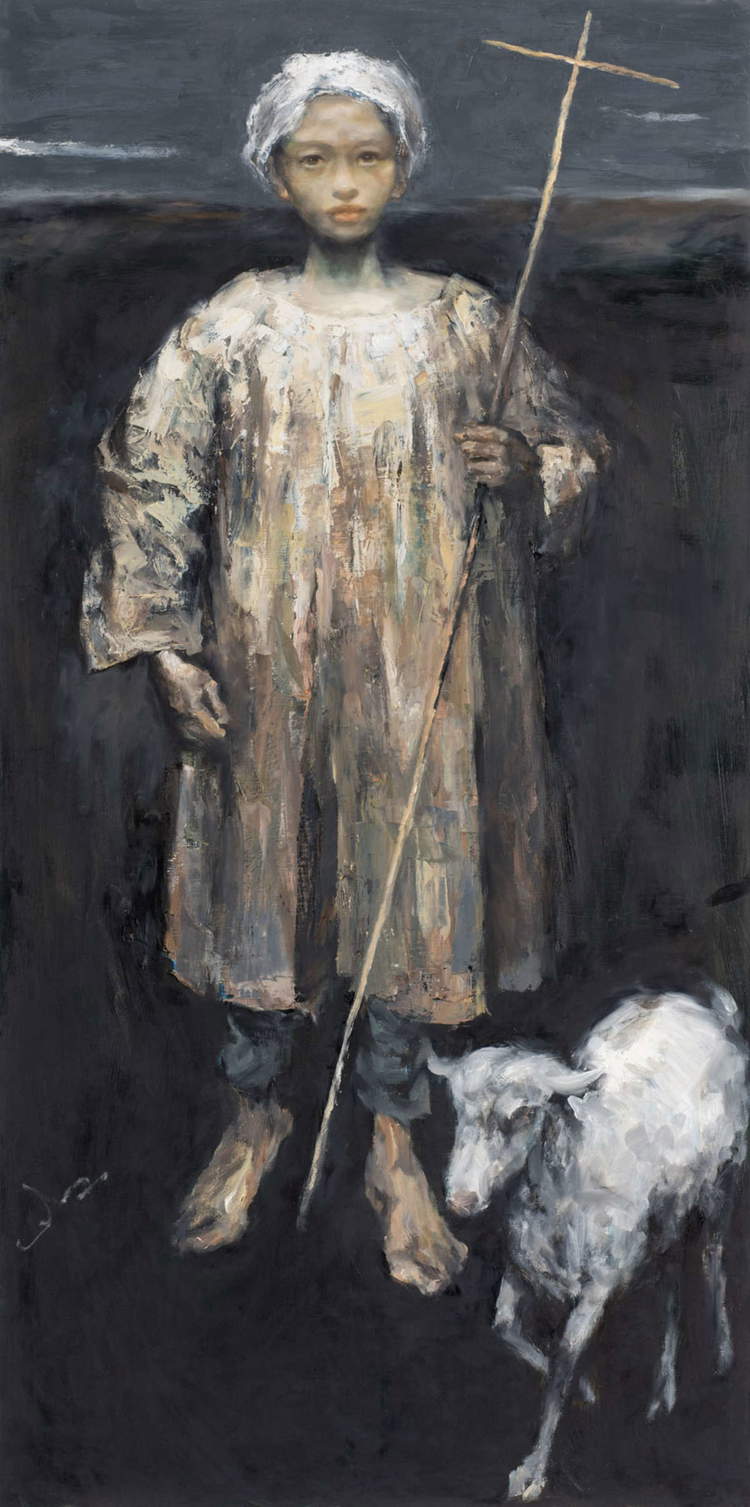 Cen Long, La pastora (2017; óleo sobre lienzo, 120 x 60 cm)