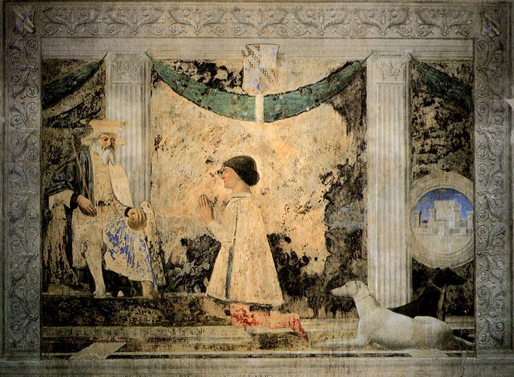 Piero della Francesca, Sigismondo Malatesta rezando ante San Sigismondo (1451; Rímini, Templo Malatestiano)