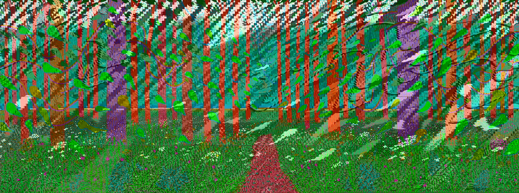 David Hockney, The Arrival of Spring in Woldgate, East Yorkshire in 2011 (2011-2017; oil on canvas, 32 parts of 91.5 × 122 cm each, total 365.6 × 975.2 cm; Paris, Centre Pompidou, Musée national d'art moderne-Centre de création industrielle) David Hockney, The Arrival of Spring in Woldgate, East Yorkshire in 2011 (2011-2017; oil on canvas, 32 parts of 91.5 × 122 cm each, total 365.6 × 975.2 cm; Paris, Centre Pompidou, Musée national d'art moderne-Centre de création industrielle)
