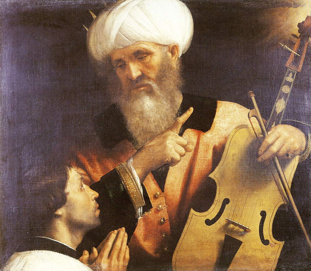 Alessandro Bonvicino, genannt Moretto, Priester, der den Propheten David betrachtet (um 1550-1554; Öl auf Leinwand, 74 x 85,5 cm; The Southesk Collection) Alessandro Bonvicino, genannt Moretto, Priester, der den Propheten David betrachtet (um 1550-1554; Öl auf Leinwand, 74 x 85,5 cm; The Southesk Collection)
