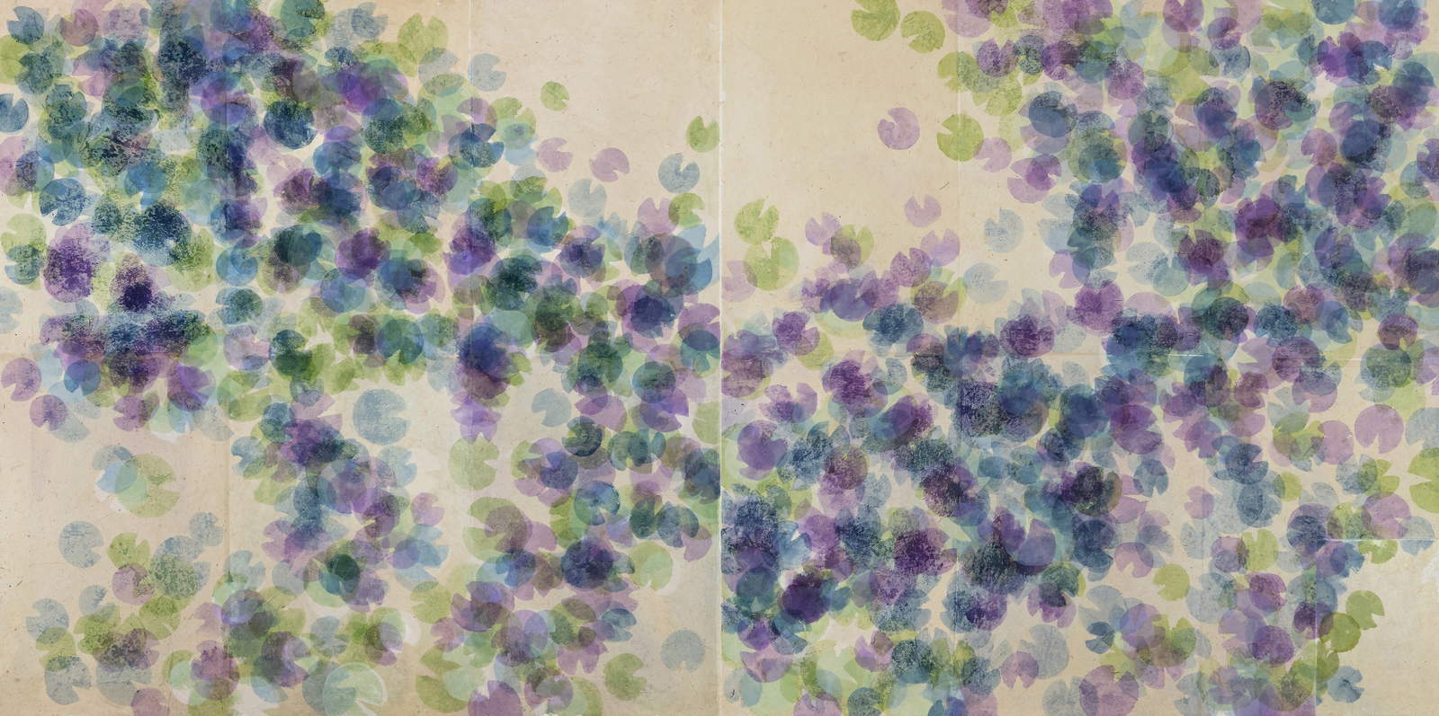 Davide Benati, Encantadas (2024; acquarello e carta nepalese su tela, 141 x 282 cm) Davide Benati, Encantadas (2024; acquarello e carta nepalese su tela, 141 x 282 cm)