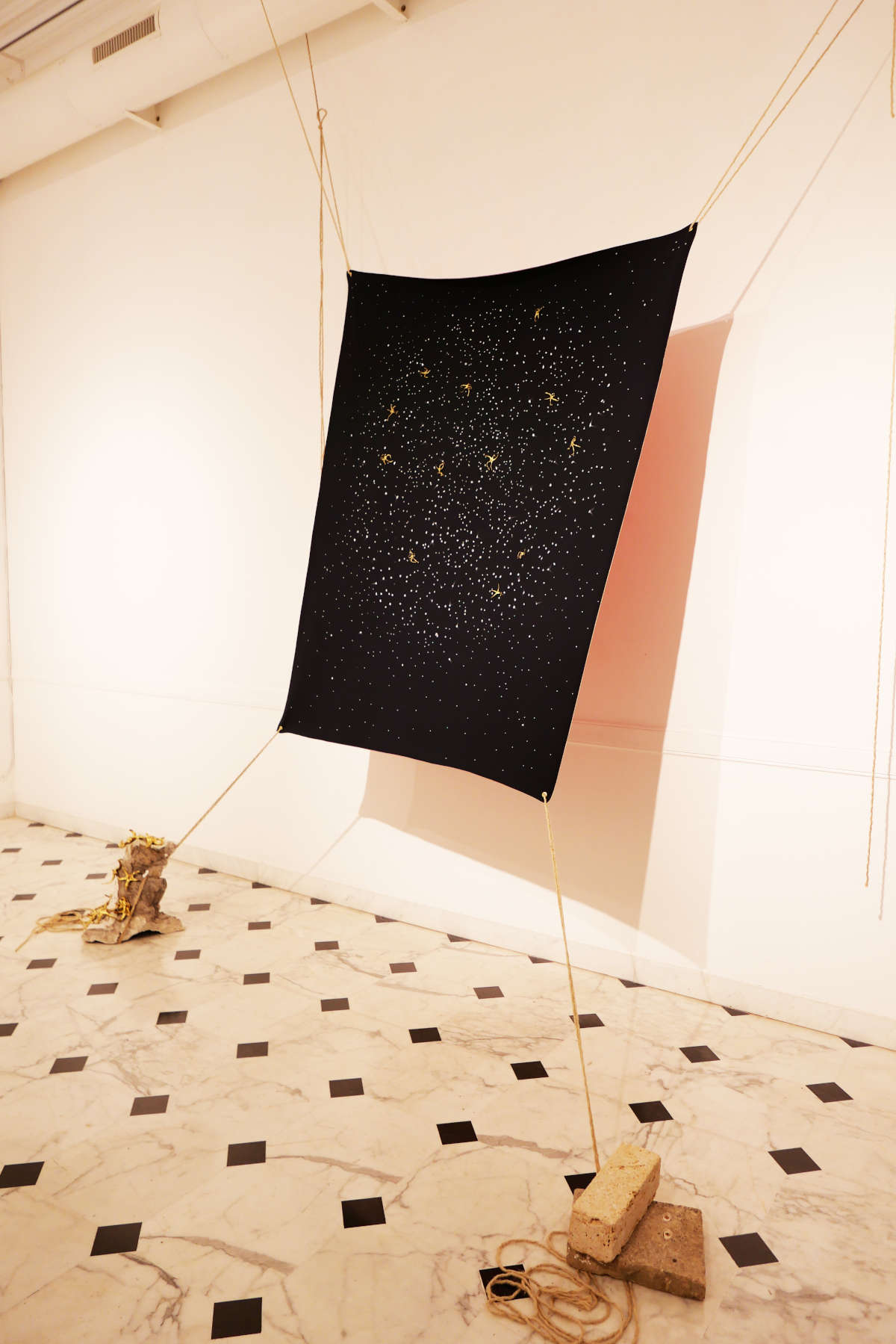 Concetta Modica, II viaggio di un sepalo per diventare stella. Ritratto di una notte: La notte di Santa Lucia, Venezia 11 luglio 1860 (2022; neoprene corde, fusioni in bronzo dorato, due sculture contrappeso: gesso di scultore sconosciuto, ceramica, pietra di Modica, travertino, misure complessive variabili). Foto: Technifoto Venezia, su concessione dell’artista e Galleria FPAC Concetta Modica, II viaggio di un sepalo per diventare stella. Riitratto di una notte : La notte di Santa Lucia, Venezia 11 luglio 1860 (2022 ; cordes en néoprène, moulages en bronze doré, deux sculptures à contrepoids : plâtre d'un sculpteur inconnu, céramique, pierre de Modica, travertin, dimensions totales variables). Photo : Technifoto Venice, avec l'aimable autorisation de l'artiste et de la galerie FPAC