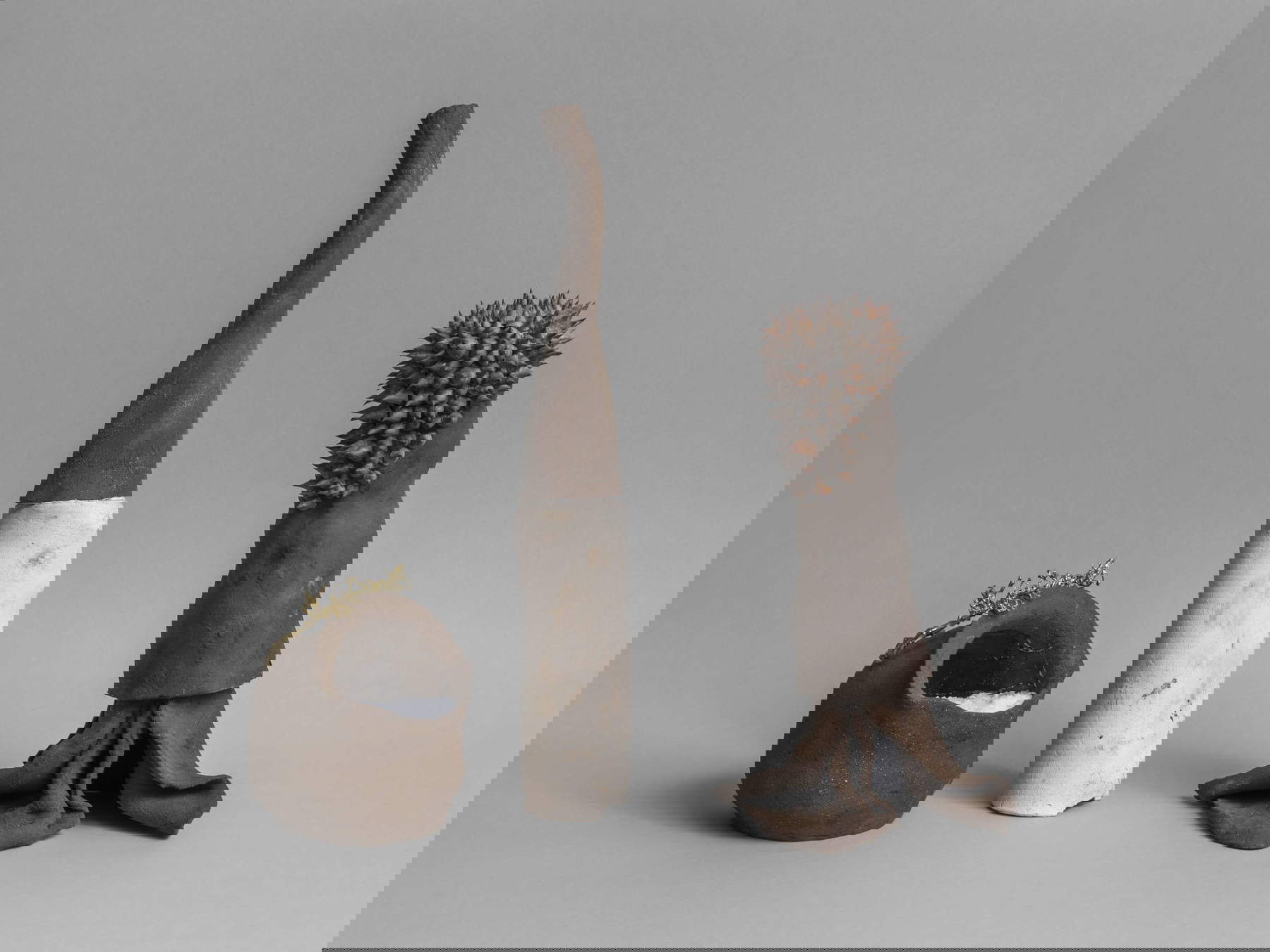 Concetta Modica, Tizia Caia et Sempronia (2022 ; terre cuite noire et blanche, gros sel, moulage en laiton, épines de Corisia). Photo : Cosimo Filippini avec la permission de l'artiste et de l'APFC Concetta Modica, Tizia Caia et Sempronia (2022 ; terre cuite noire et blanche, gros sel, moulage en laiton, épines de Corisia). Photo : Cosimo Filippini avec la permission de l'artiste et de l'APFC