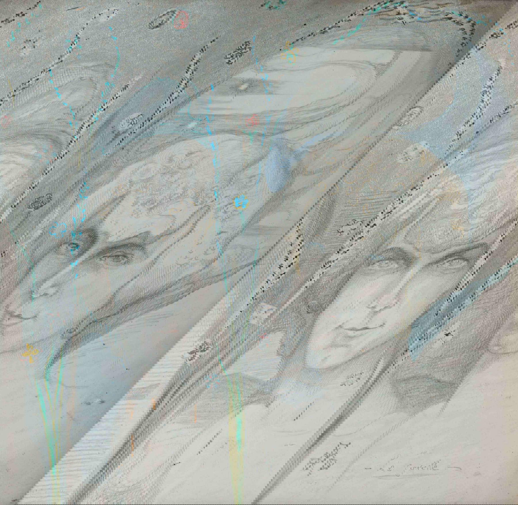 Raoul Dal Molin Ferenzona, Le sorelle (1925 circa; matita e acquerello su carta, 310 x 320 mm; Collezione Guidi)