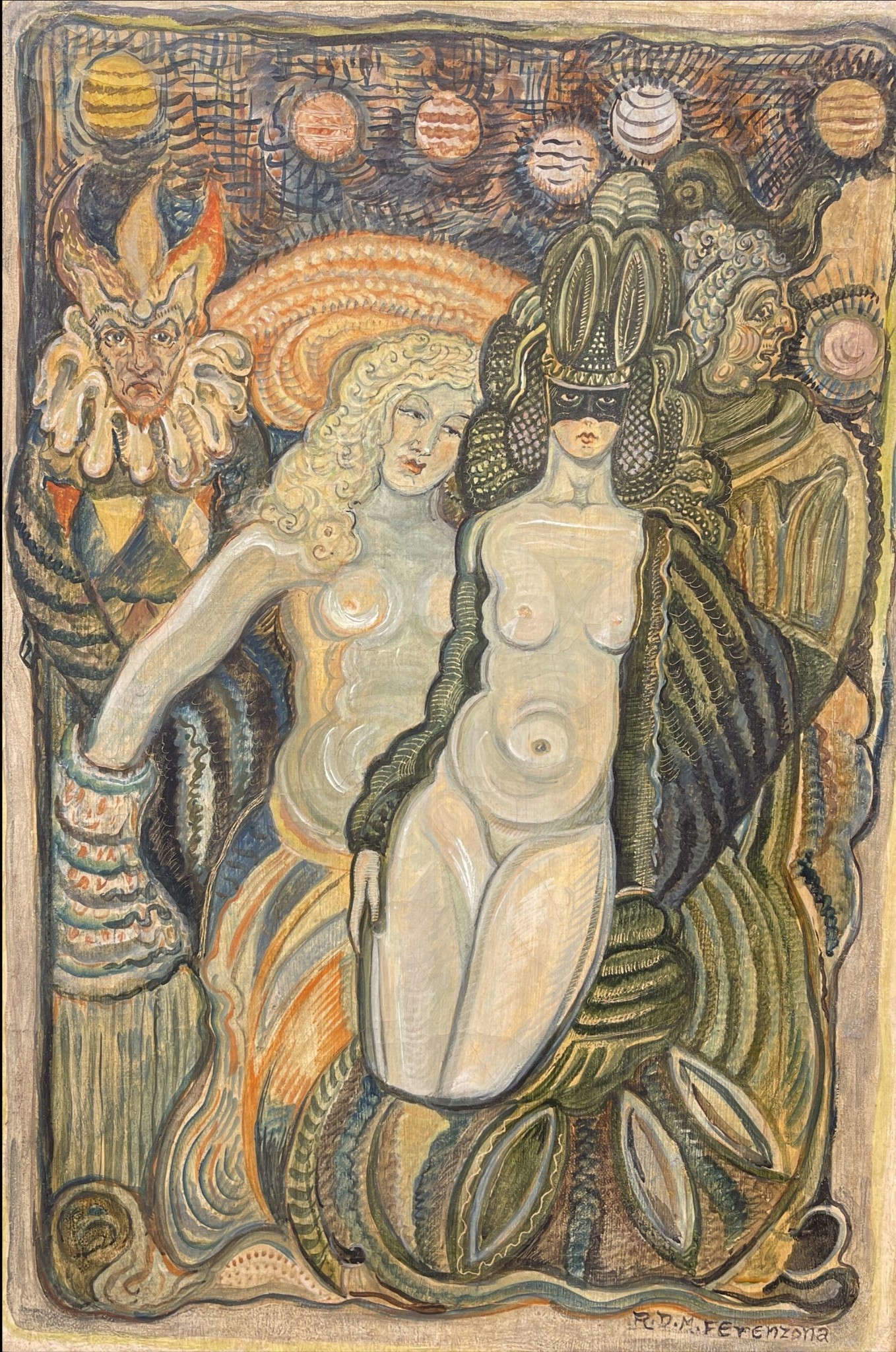 Raoul Dal Molin Ferenzona, Maschere (1935 circa; tempera su tela, 65 x 44 cm; Roma, Collezione privata)