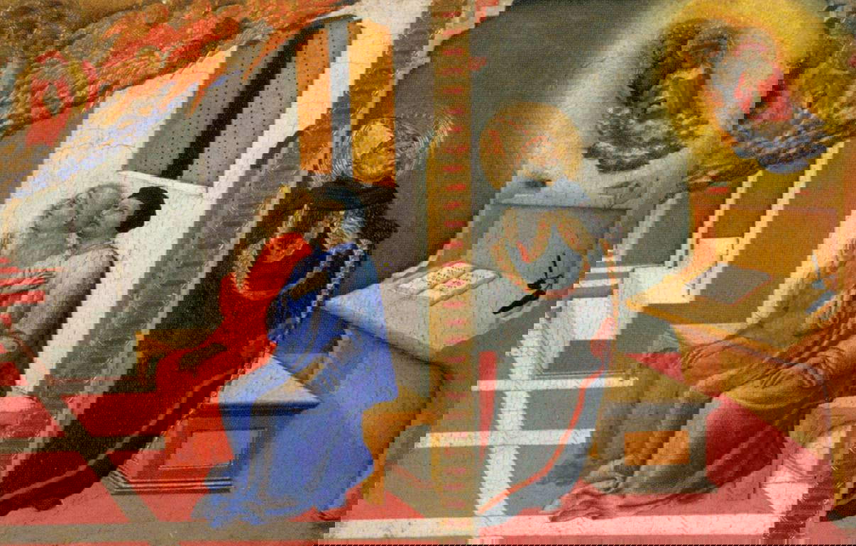 Sano di Pietro, Apparition of St. Jerome to Sulpicius Severus and St. Augustine, panel from the predella of the Gesuati Polyptych (1444; panel, 23 x 35 cm; Paris, Louvre)