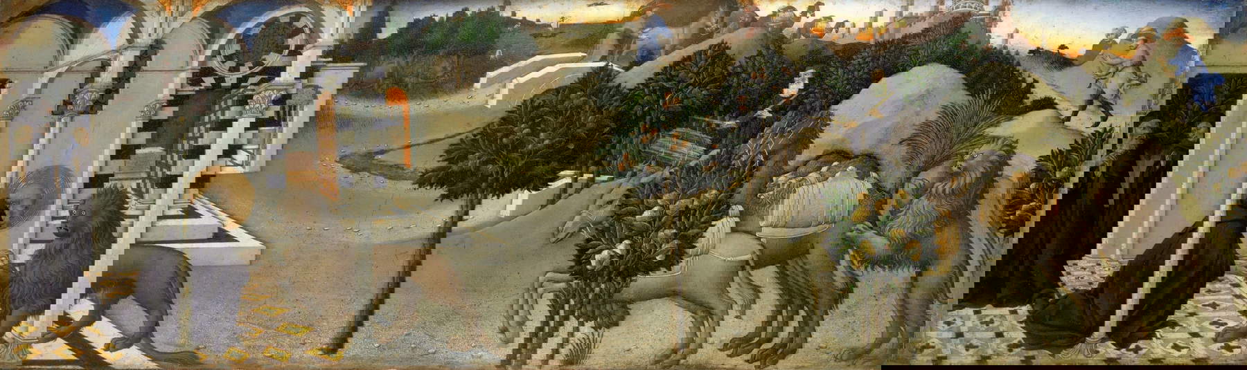 Sano di Pietro, St. Jerome and the Lion, panel from the predella of the Gesuati Polyptych (1444; panel, 23 x 78 cm; Paris, Louvre)