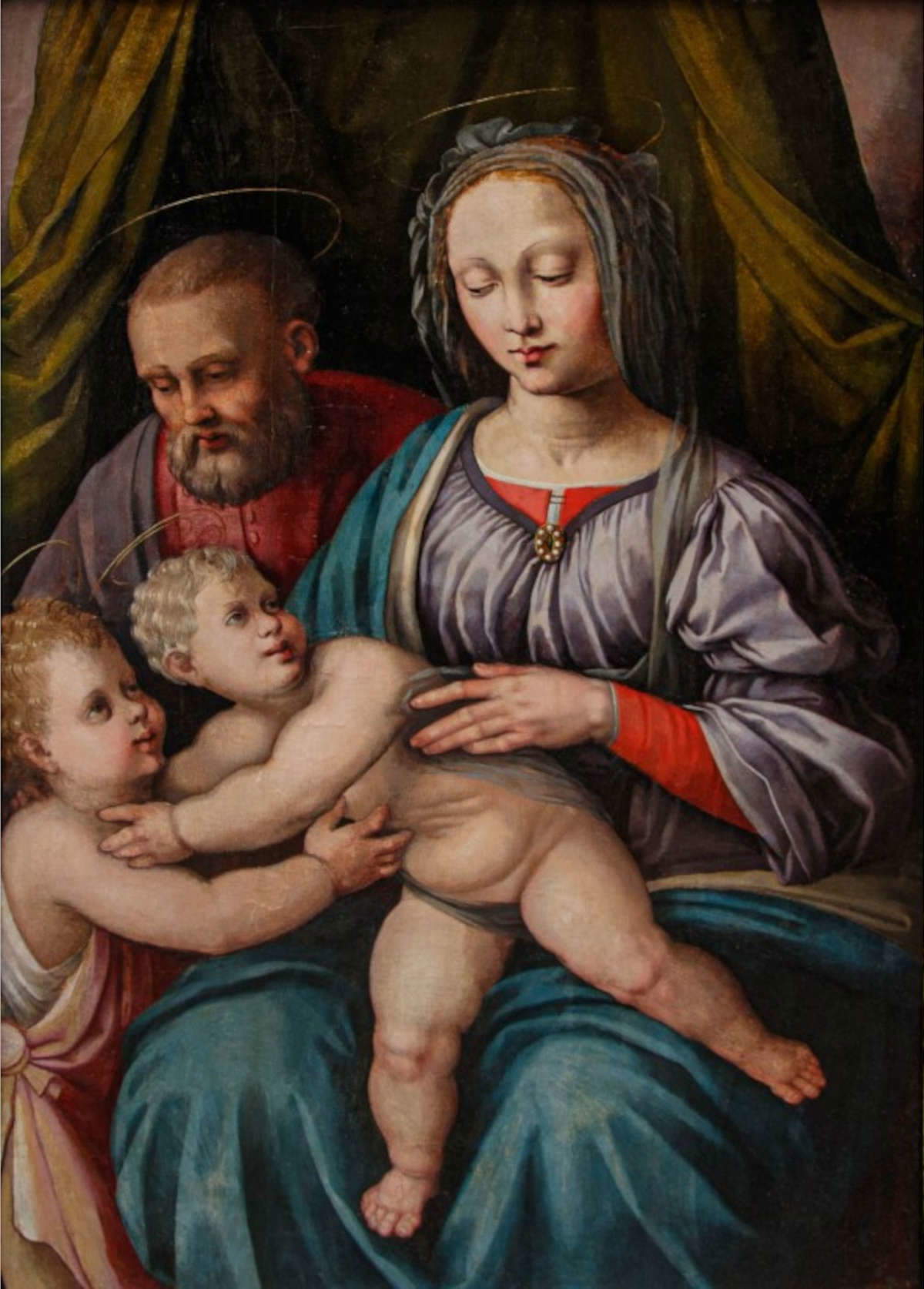 Bastiano da Sangallo genannt Aristotile, Heilige Familie mit Johannes (Öl auf Tafel, 70 x 101 cm)