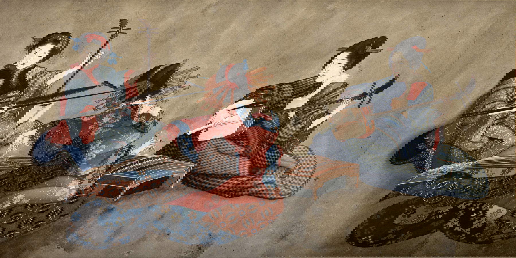 Katsushika Oi, Trio of female players of kokyū, koto and shamisen (1818-1830; vertical scroll, ink and color on paper; Genoa, Museo d'Arte Orientale Edoardo Chiossone) ©Museo d'Arte Orientale Edoardo Chiossone Genoa Katsushika Oi, Trio of female players of kokyū, koto and shamisen (1818-1830; vertical scroll, ink and color on paper; Genoa, Museo d'Arte Orientale Edoardo Chiossone) ©Museo d'Arte Orientale Edoardo Chiossone Genoa