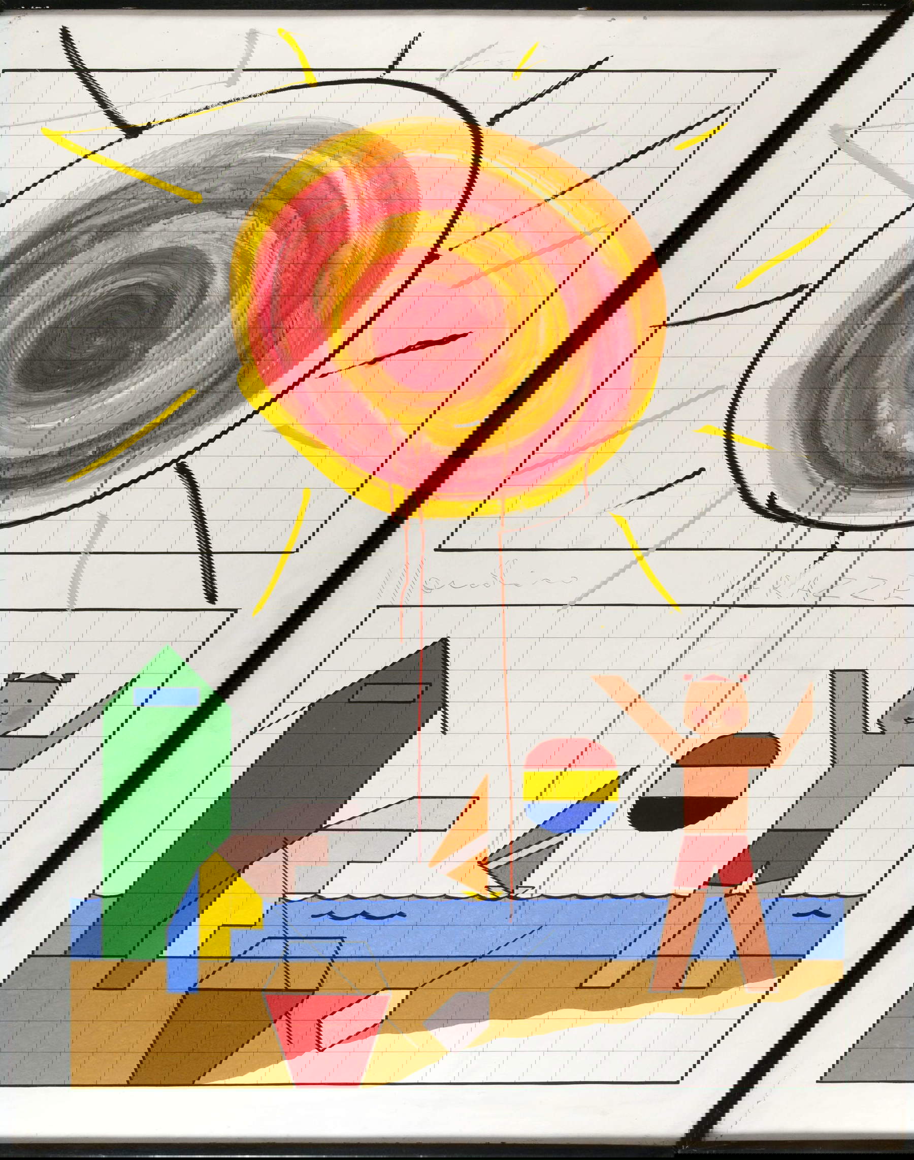 Aldo Mondino, Varazze (1964 ; techniques mixtes sur masonite, 180 x 140 cm). Par concession des archives Aldo Mondino, SIAE 2025