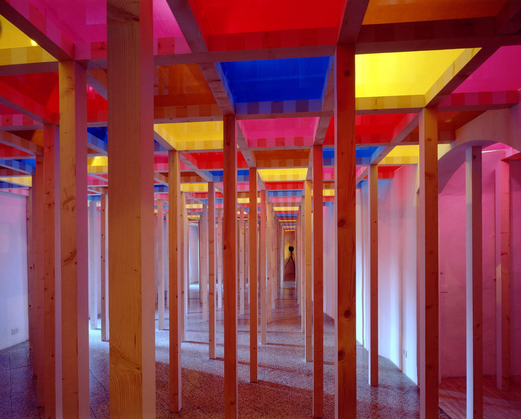 Daniel Buren, The Harlequin Ceiling - Grid for Five Colors (2003; in situ work, installation view at Galleria Continua, San Gimignano). &copy; DB - SIAE Rome